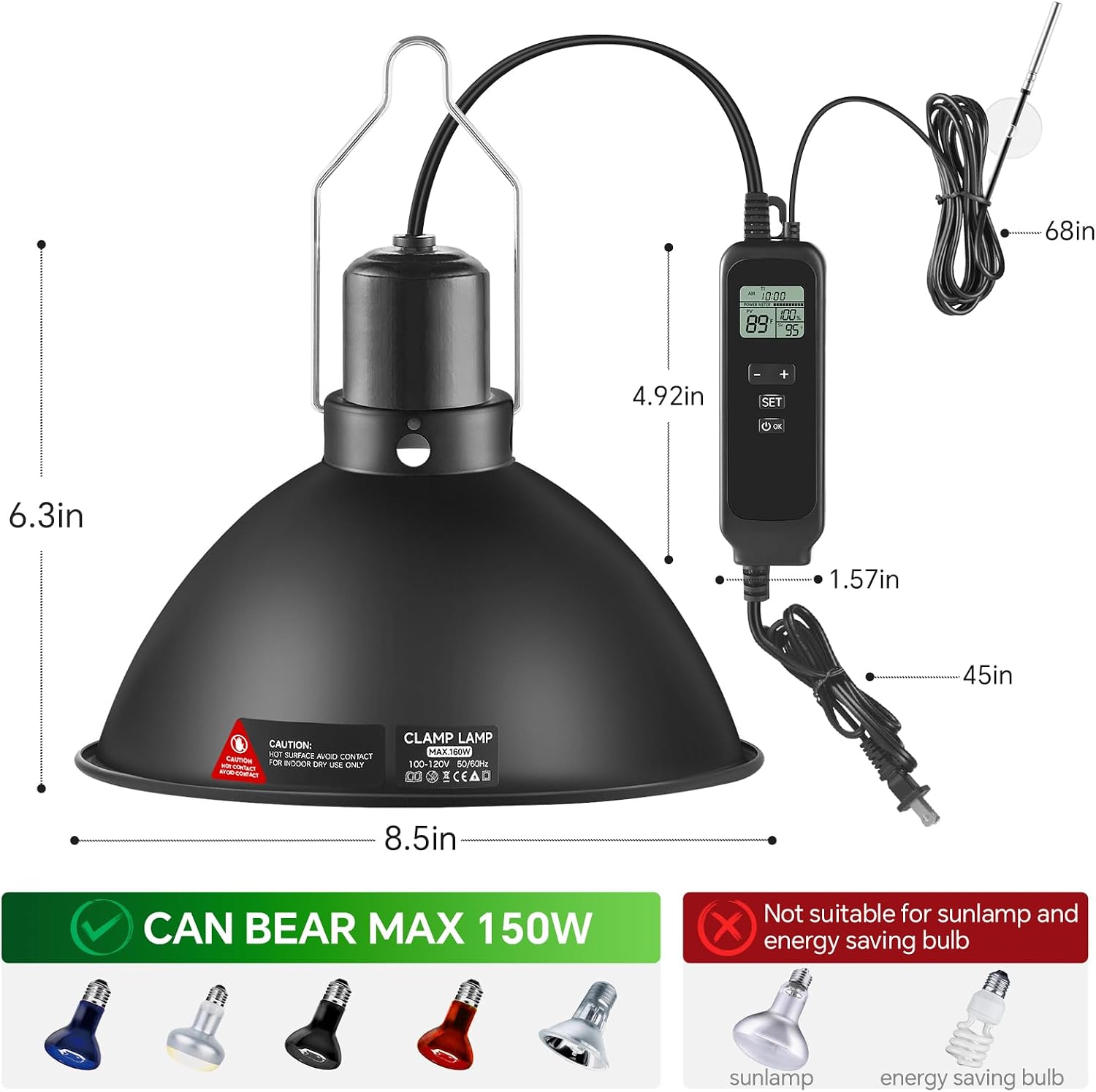 8.5 inch Reptile Heat Lamp Fixture with Thermostat and Timer,Reptile Light Fixture with Dimming Thermostat Max 150W,PID Temperature Controller for UVB Lights,Basking Heat bulbs and Terrariums - Image 3