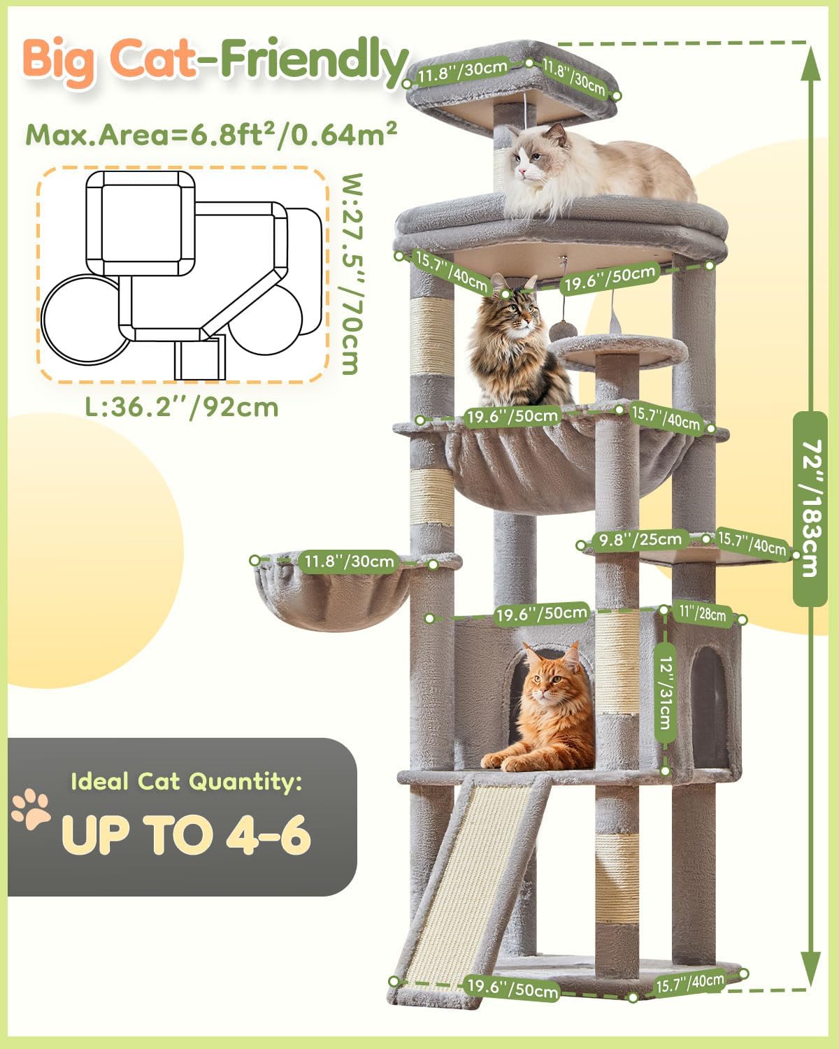 Taoqimiao 72 Inches Cat Tree for Large Cats, Multi-Level Tall Cat Tower, Widened Cat Condo with Large Scratch Board, 5 Scratching Posts, Metal Hammcock, Cozy Basket, Light Gray, MS045W - Image 7