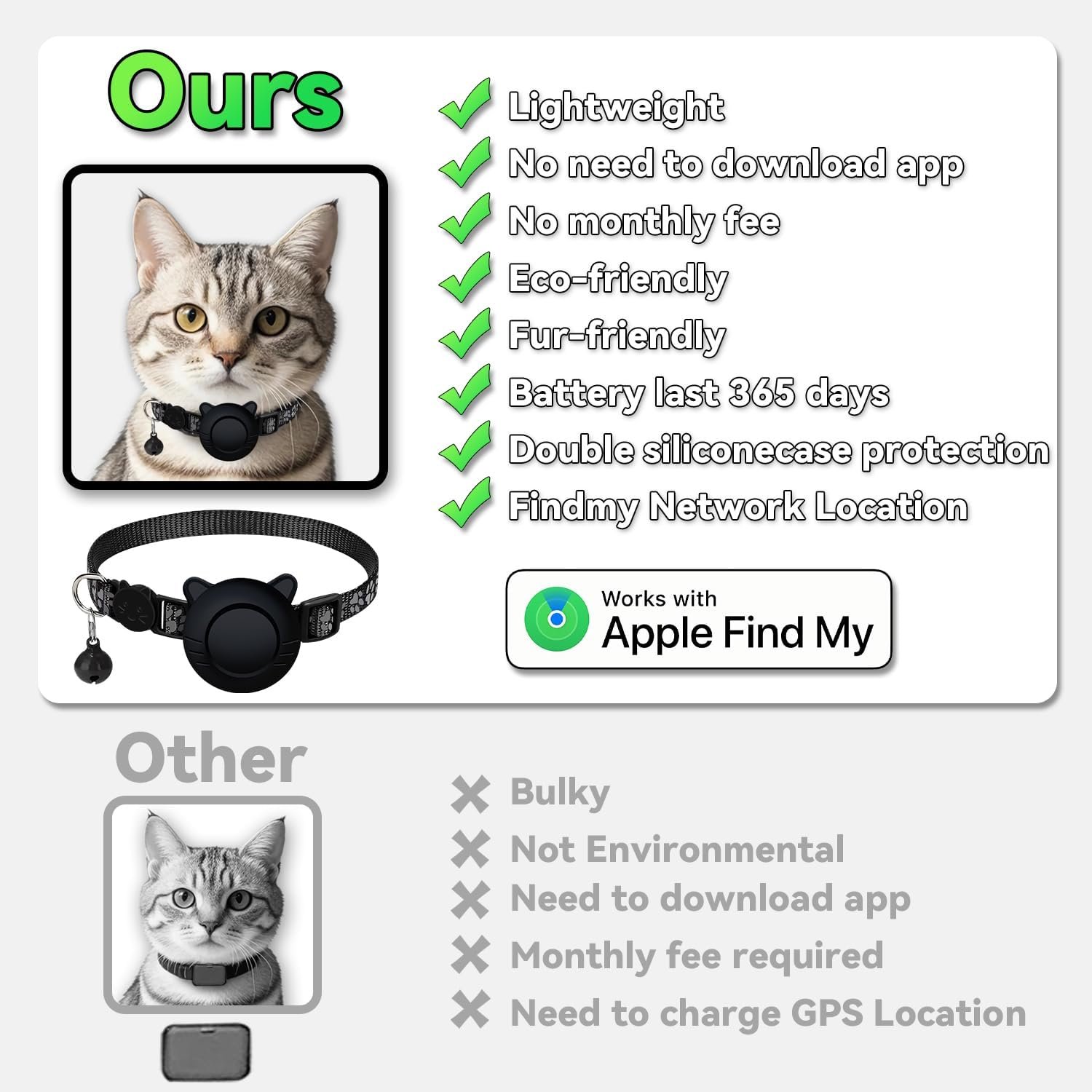 GPS Tracker for Cat Tracker Collar Waterproof Airtag Compatible with Apple Find My (iOS ONLY) No Monthly Fee Breakaway Design Reflective Pattern Bell Black Durable Cat Tracking (Tracker with Collar) - Image 7