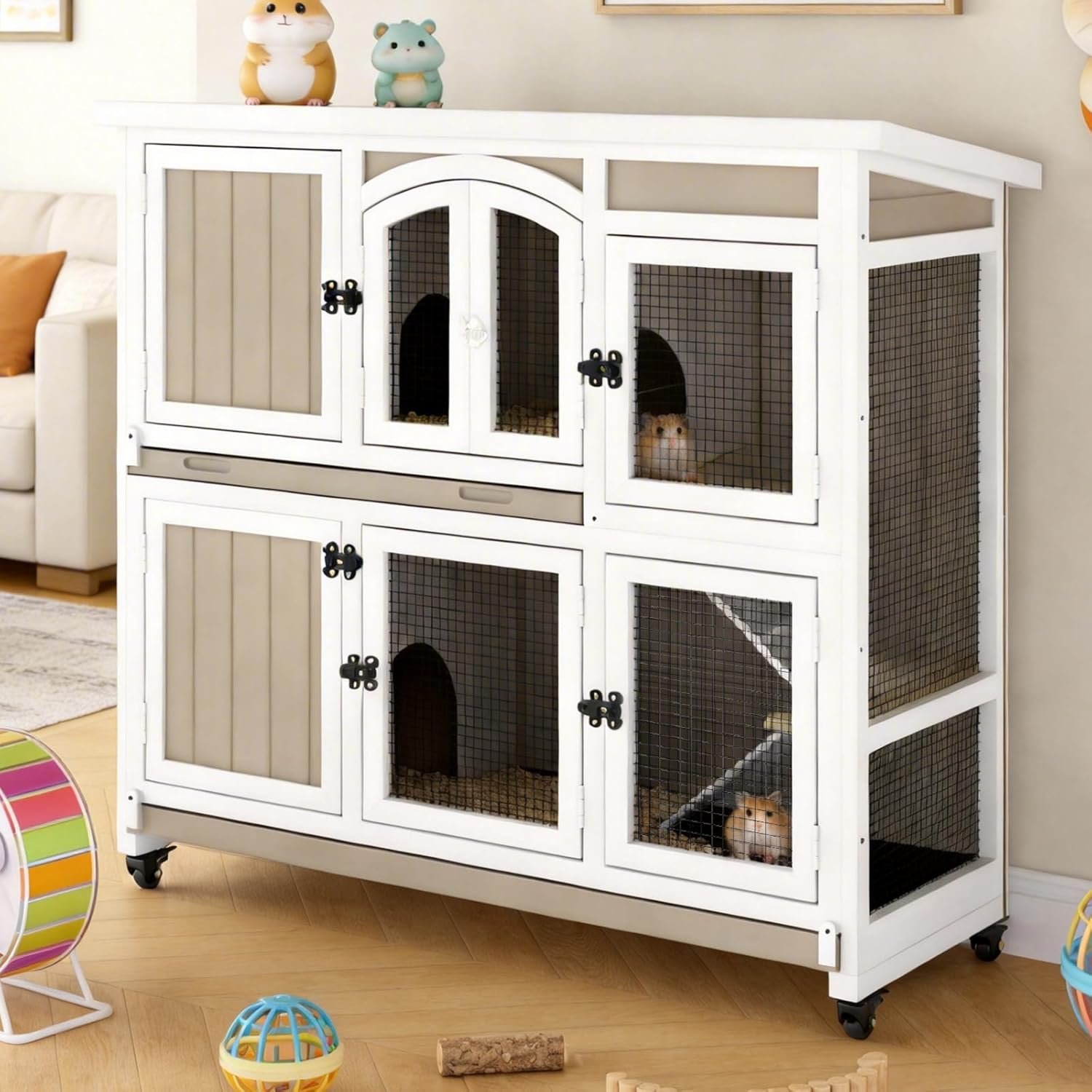Gowoodhut 47" L Large Guinea Pig Cage Indoor with Wheels, 2-Story Wooden Hutch with 2 Deep Pull-Out Trays, Anti-Chew Ramps & Hideout for Hamsters, Ferrets & Rabbits, Grey, Easy-Clean Small Pet Home - Image 9