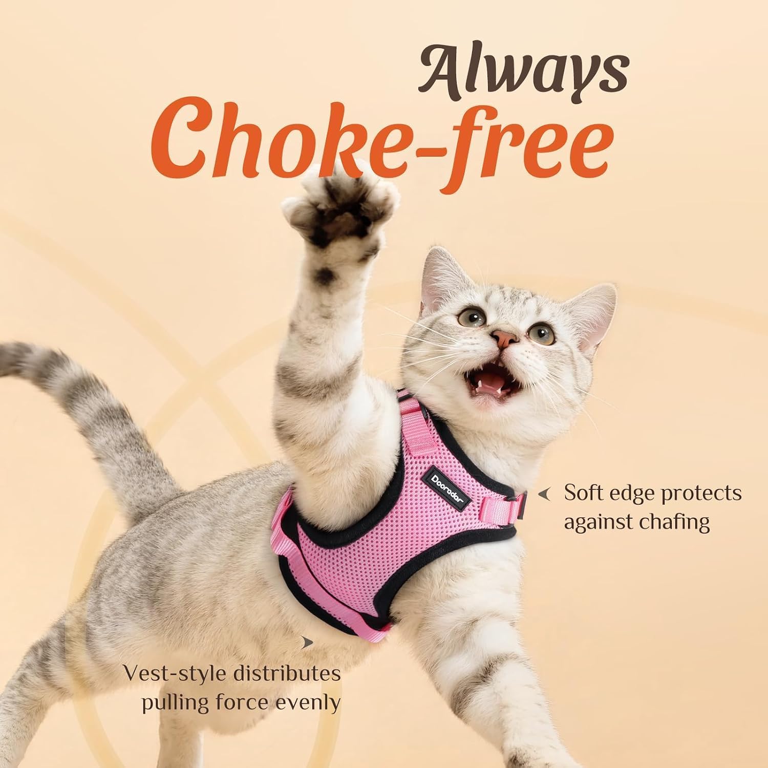 Dooradar Cat Harness and Leash Set, Adjustable and Escape Proof, Xs | Easy Fit, Snap Buckles, Soft Breathable Vest, Sturdy Clip, Reflective Strips, for Small & Average Cat Walks, Pink - Image 2