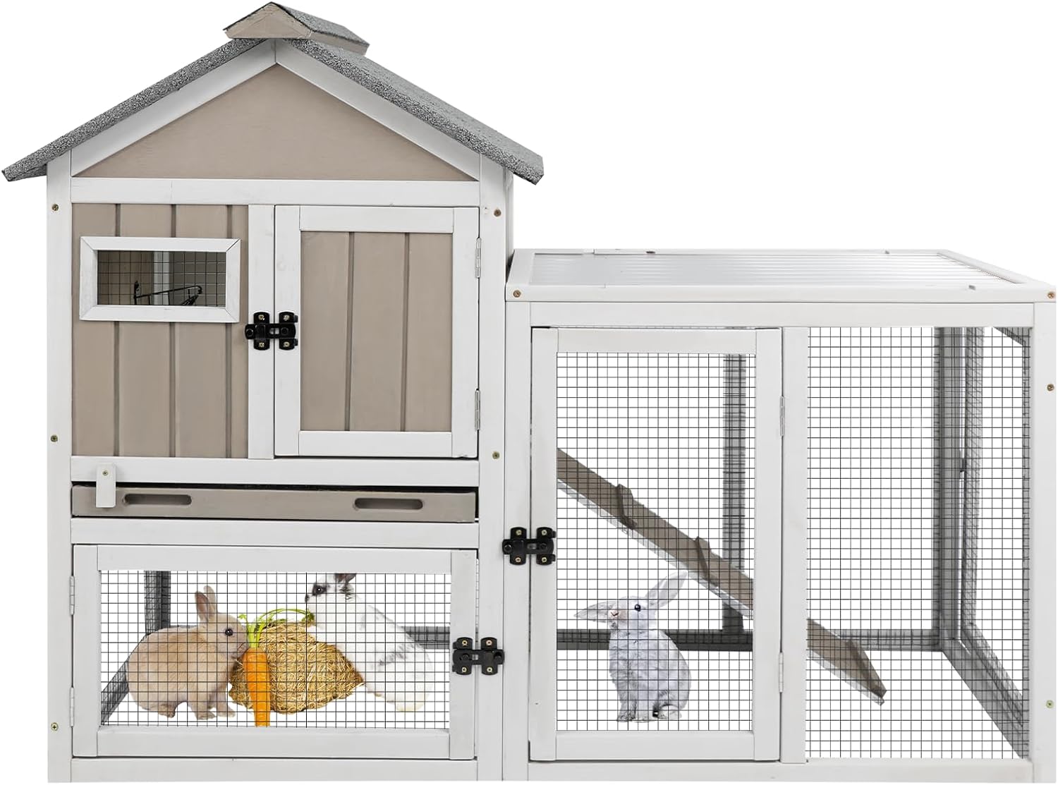 Ketive 48" L Rabbit Hutch Outdoor Indoor Bunny Hutch Weatherproof, 2-Story Wood Rabbit Cage with Deep Tray, Chew-Resistant Ramp, UV Roof, Bunny House for Small Animal, Expandable Guinea Pig Cage - Image 8