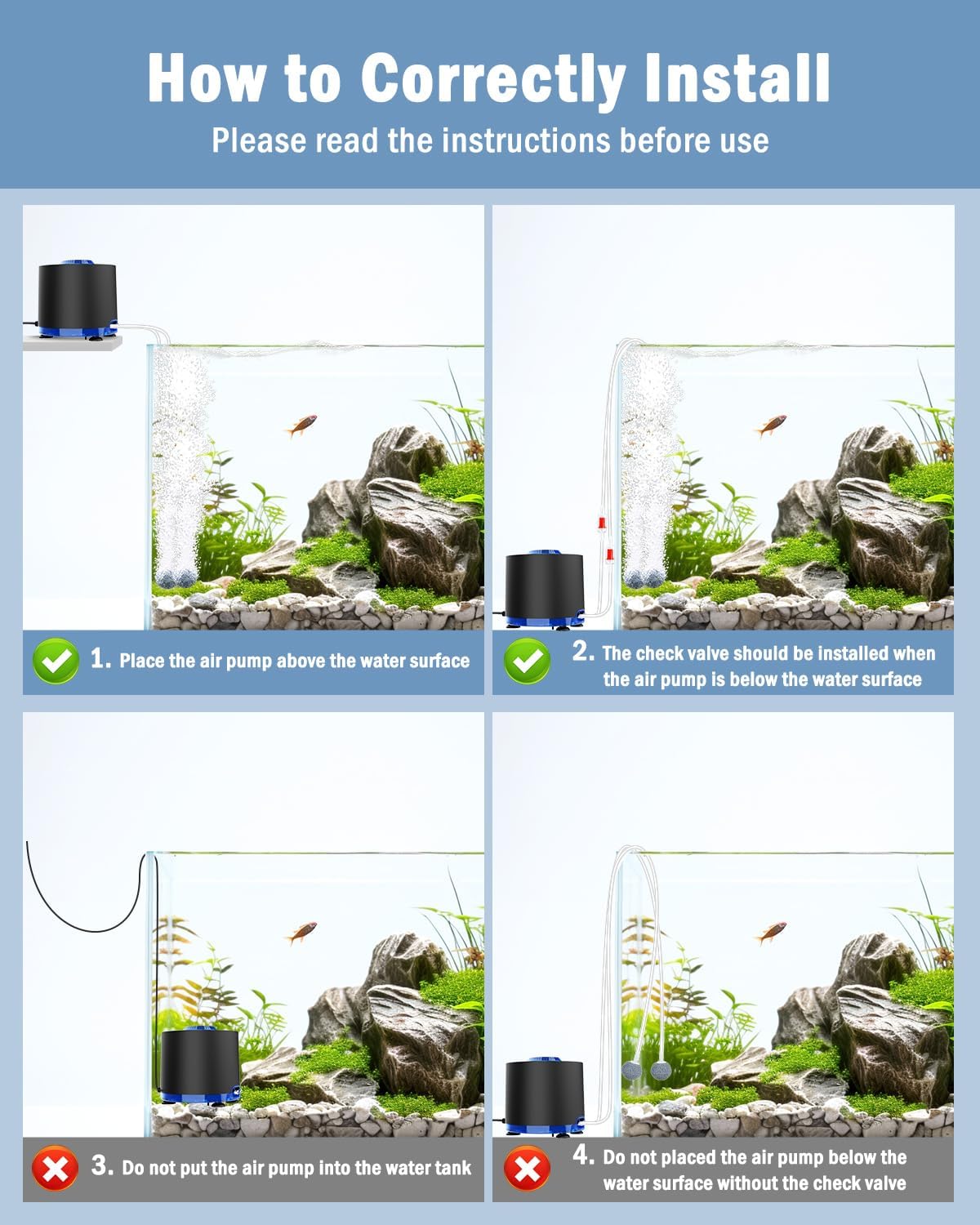 AQQA Aquarium Air Pump, 3W Powerful Dual Outlet Adjustable Oxygen Aerator | Quiet Operation, Stainless Steel Outlet Fish Air Pump, Adjustable Air Flow with Air Stone Bubbler, for Up to 80 Gallon Tank - Image 6