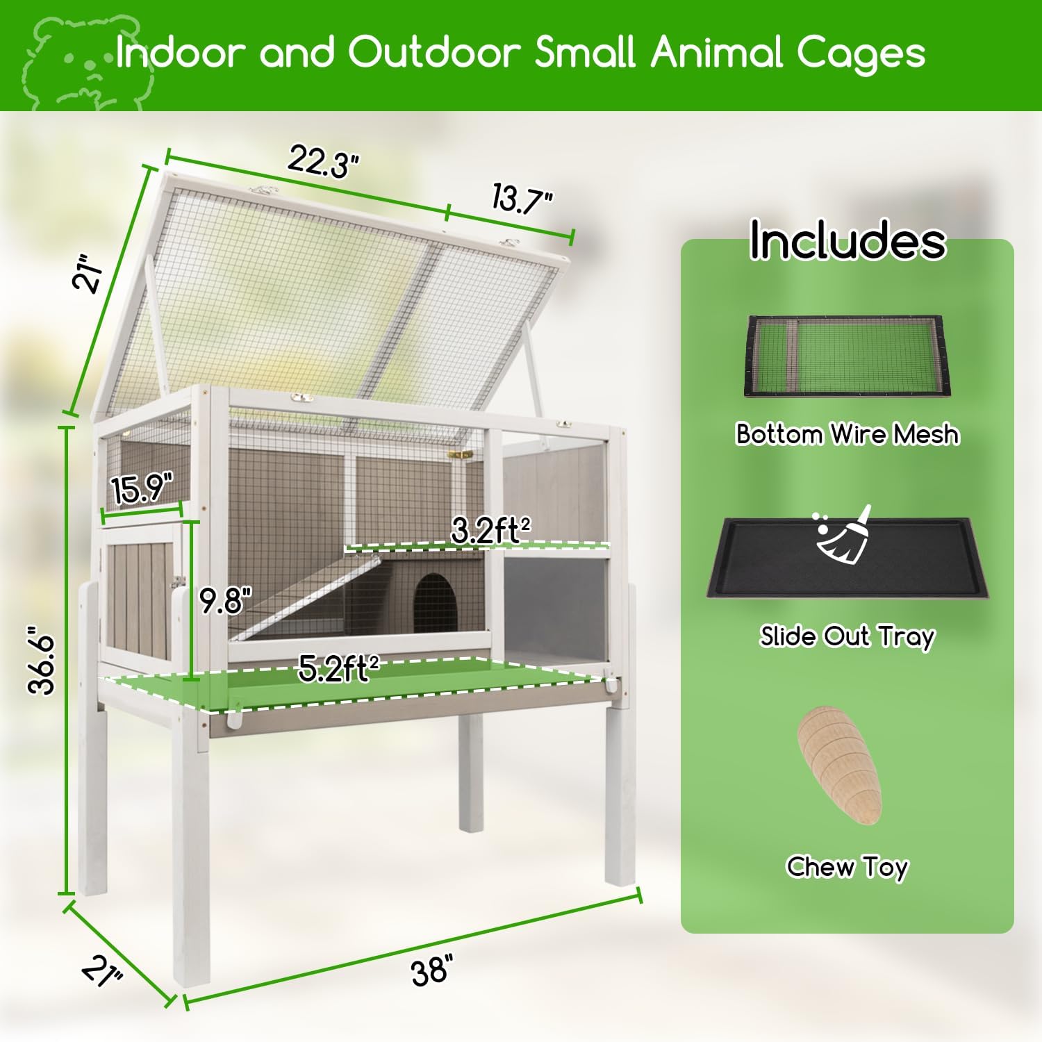 Guinea Pig Cages with Detachable Legs, 2-Storey Indoor Guinea Pig House Hamster Rabbit Cages for Small Animals with Pull Out Tray, Metal Strip Ramp, Ramp, Hideout - Image 4