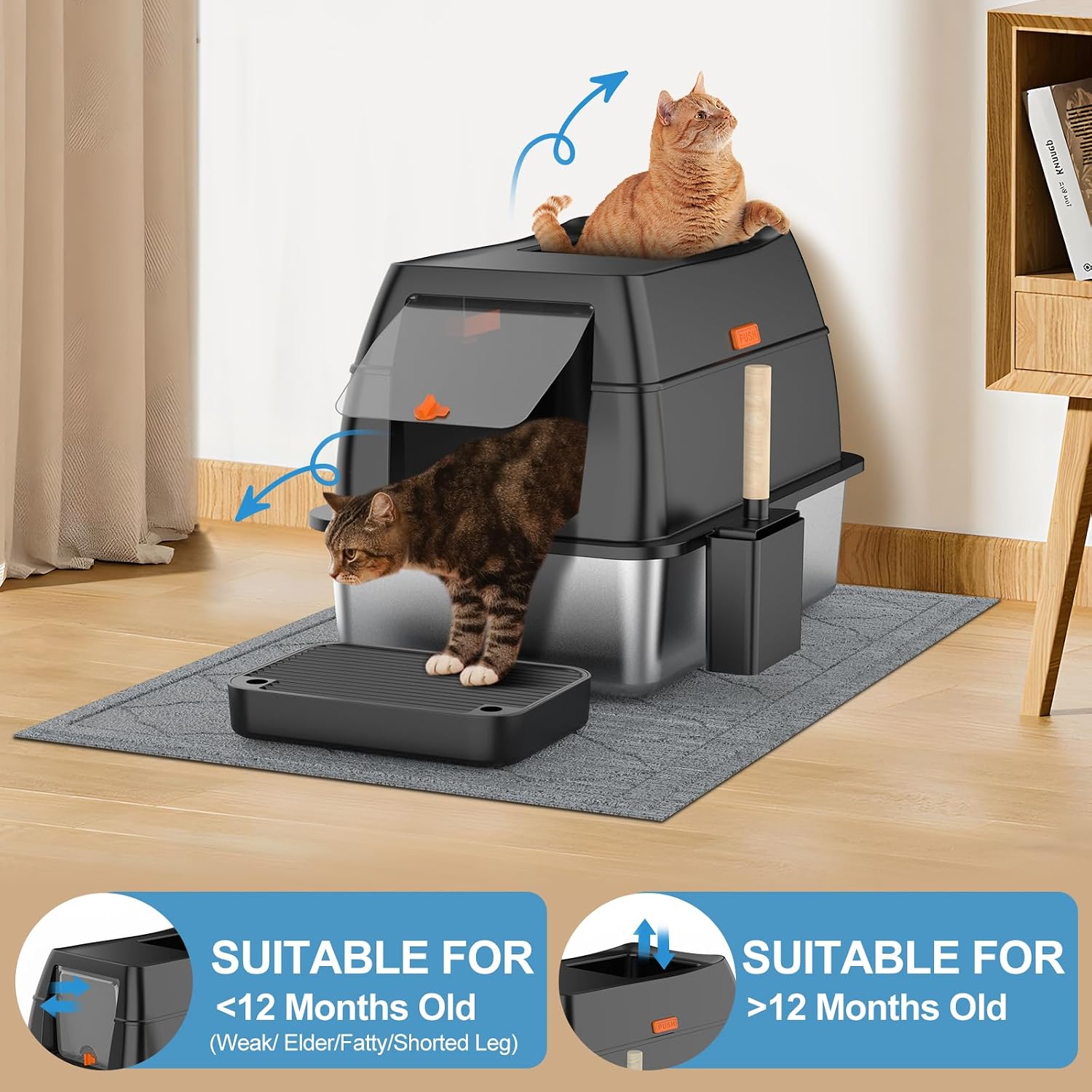 Stainless Steel Litter Box with Lid,Front Entry Top Exit Kitty LitterBox,Extra Large Enclosed Metal Cat Box with Litter Scoop & Litter Mat-Black - Image 5