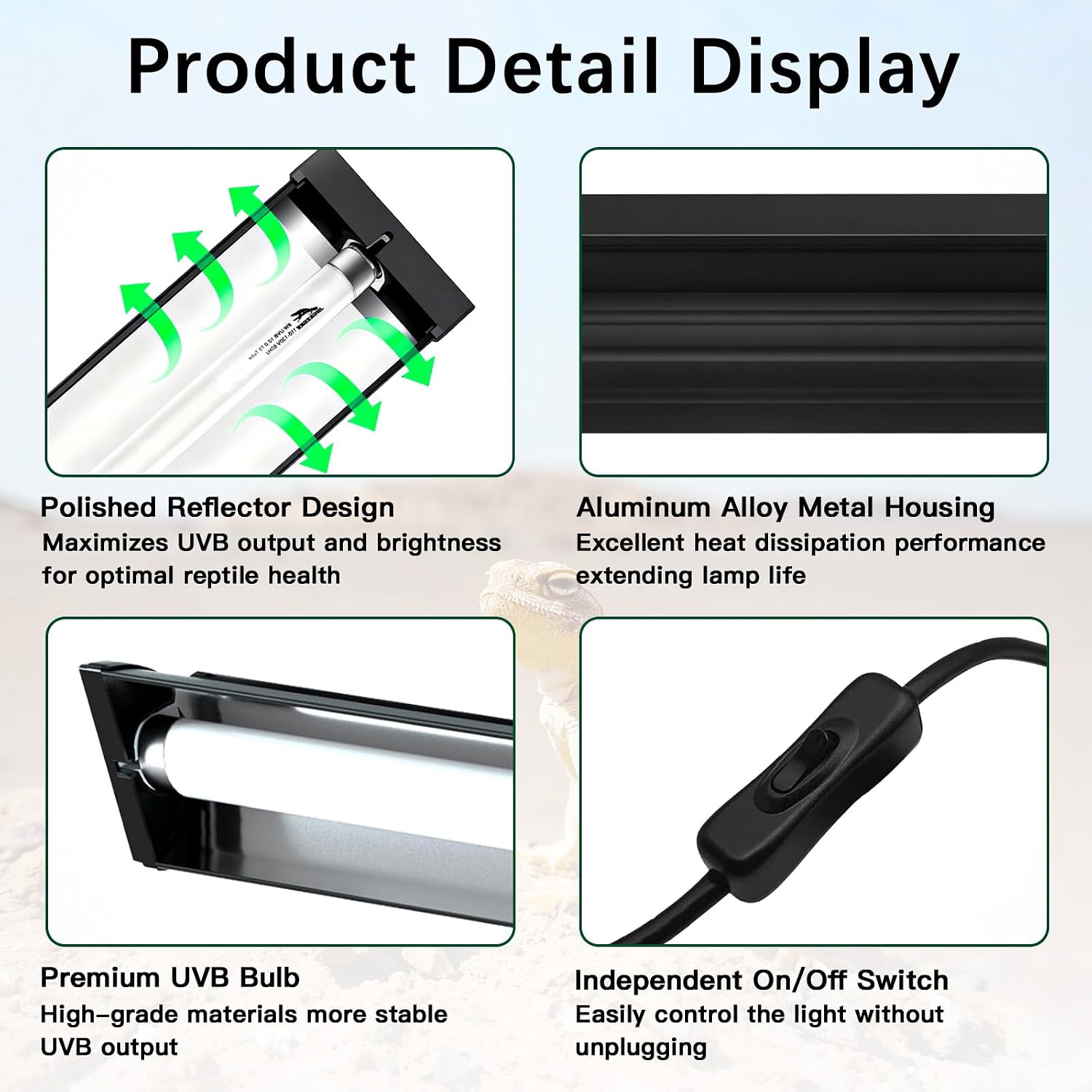 T5 10.0 UVB Reptile Light Fixture Combo Kit, 8W High Output UVA UVB Light with Upgraded Wider Alloy Reflector for Bearded Dragons Lizards Tortoises and Desert or Tropical Reptiles 12.4Inch - Image 5