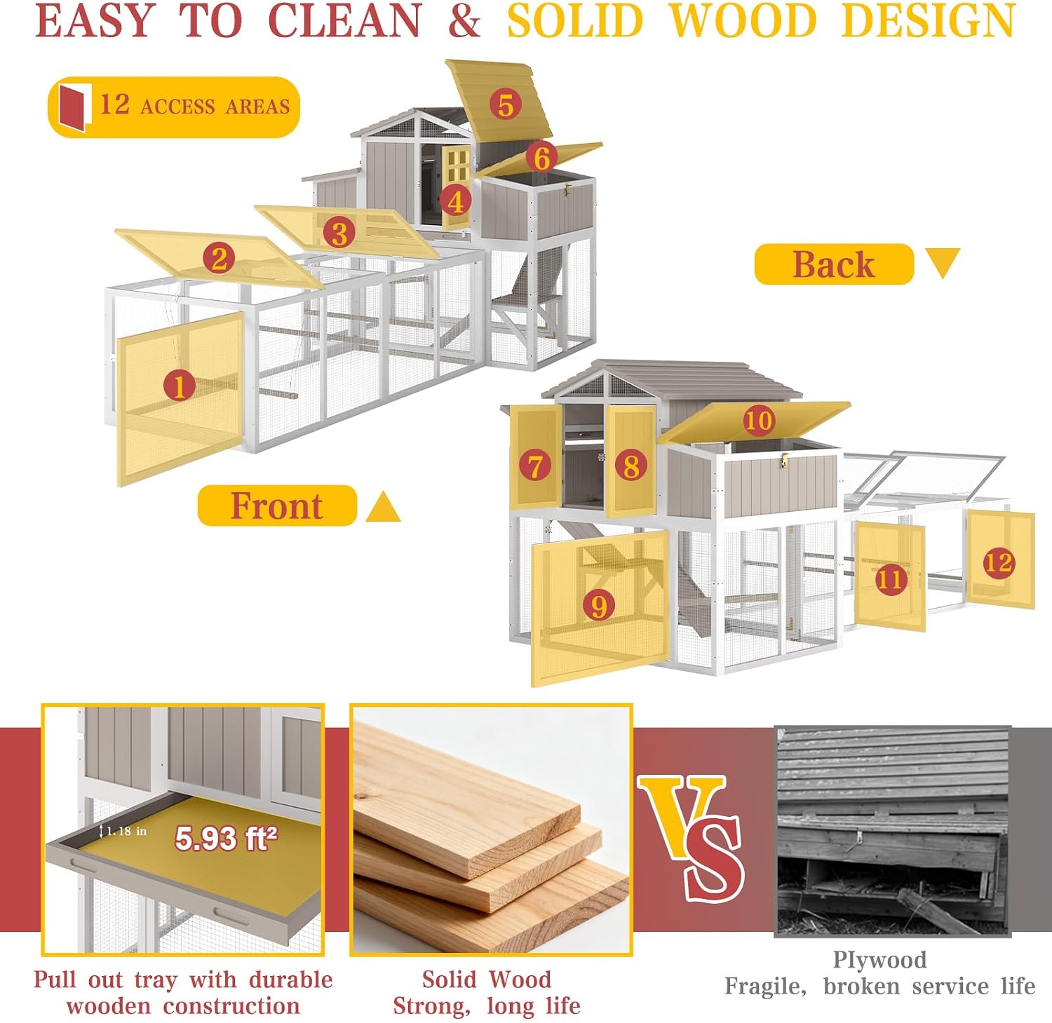Large Chicken Coop and Run, Wooden Hen House with 4 Sectionable Nesting Boxes, Poultry Duck House for 4-10 Chickens with 5 Perches, Pull-Out Tray and Ramp, Grey - Image 5