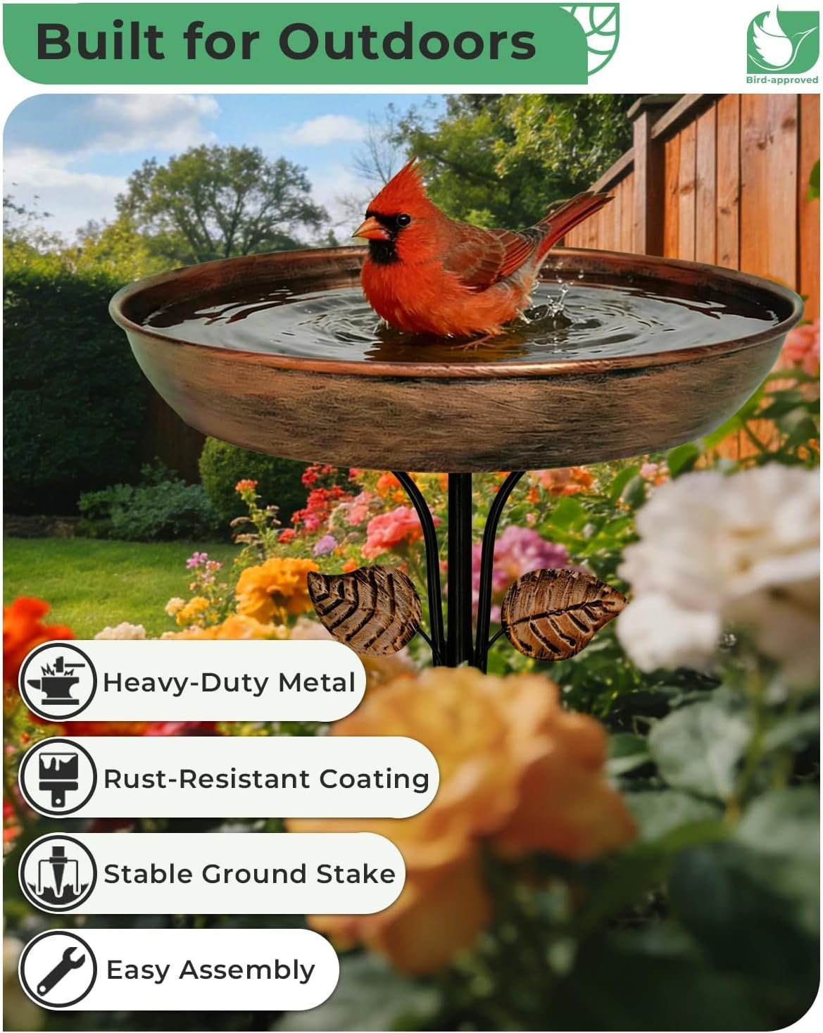 Metal Bird Bath for Outdoors, 12" Dia Bowl with Stable Upgrades Stake Birdbaths Garden Yard Lawn Decor 0.7 Gallon - Image 2