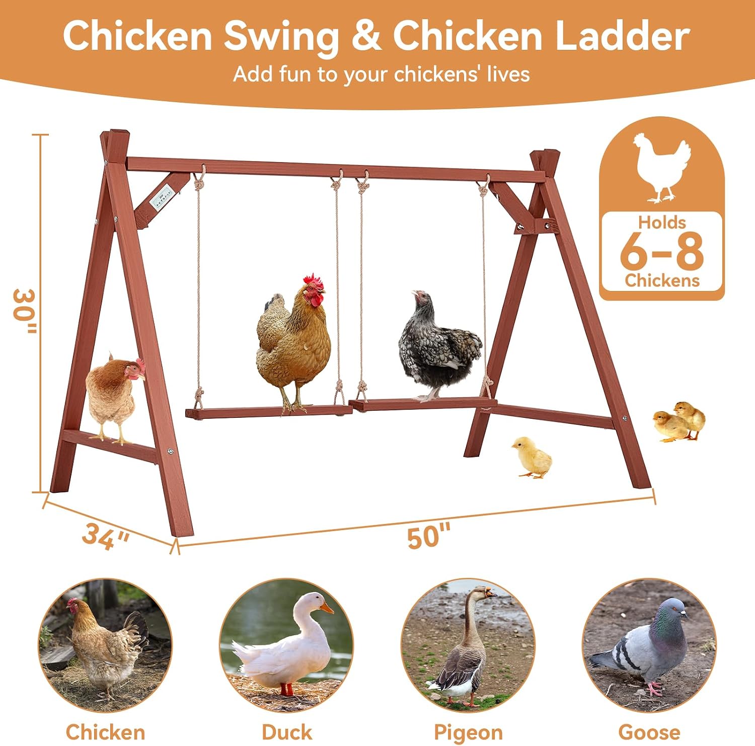 PETSFIT Wooden Solid Chicken Perch & Roosting Bars with 2 Swings, 50"x30"x34" Coop Toy for 6–8 Hens, Multi-Level Stand Encourages Exercise & Natural Behavior, Easy to Assemble & Clean,Outdoor Use - Image 5