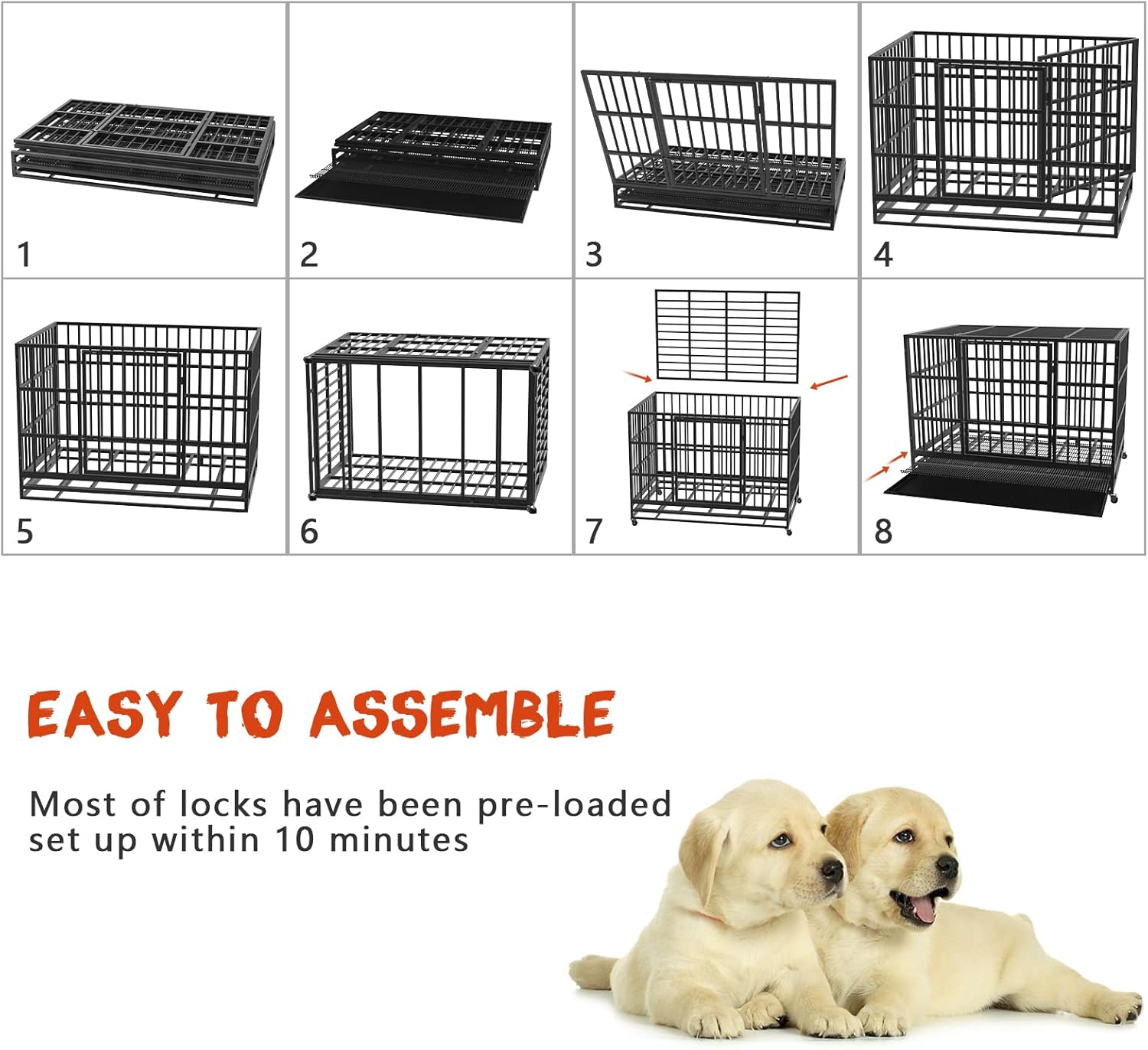 LEMBERI 48" Heavy Duty Dog Crate, Indestructible Escape-Proof Cage Kennel for Large Dogs, High Anxiety Dog Crate with Removable Wire Trays & Lockable Wheels, Extra Large XL XXL, Black - Image 9