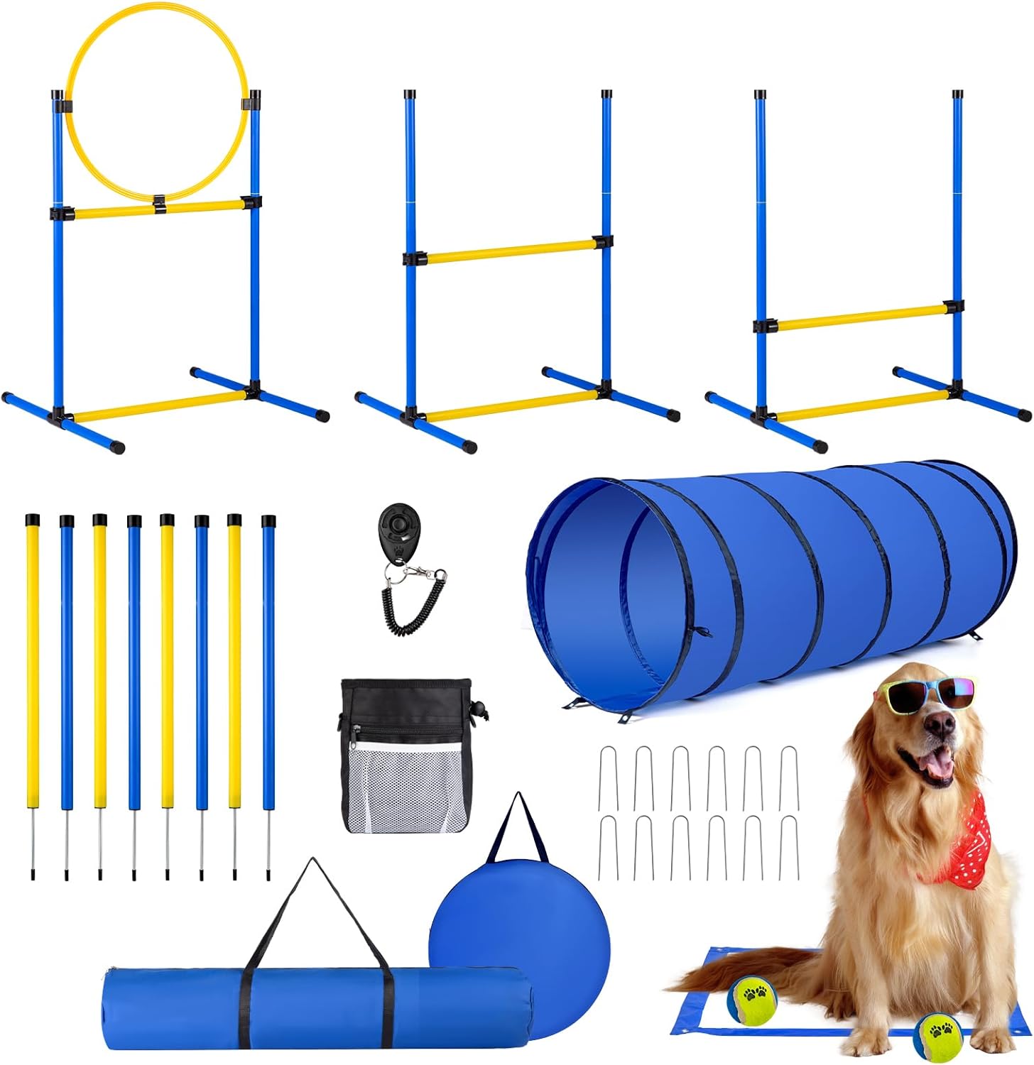 Dog Agility Course Backyard Set,Dog Agility Equipment, Dog Obstacle Course Backyard With 2-Set Agility Hurdle ,Jump Ring, 8 Weave Poles, Tunnel, Pause Box, Toy Balls And 2 Portable Carrying Bags