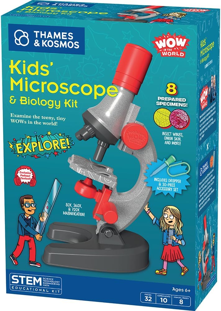 Wow in The World Kids’ Microscope & Biology Kit, Up to 720x Magnification, LED Illumination, Prepared & Blank Slides, Companion Audio Content, Beginner Science Gift for Ages 6+ by Thames & Kosmos