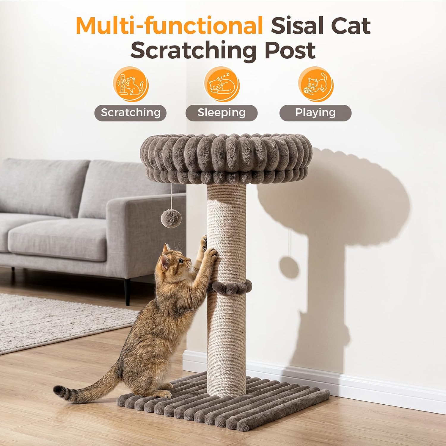 Avont 29” Sisal Cat Scratching Post, Cat Scratcher with Large Plush Perch | Scratching Post with Plush Elevated Bed for Indoor Cats, Removable& Washable Cover, Taupe - Image 2