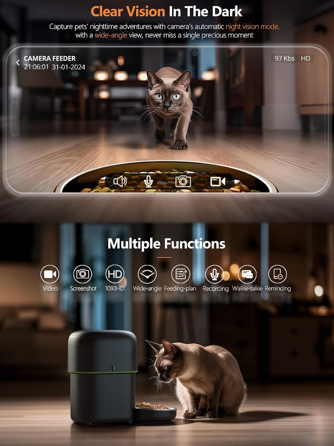 Automatic Cat Feeder with Camera - 5G WiFi Auto Cat Food Dispenser, 1080P HD Video with Night Vision, 1-15 Meals, 1-99 Portions, 2-Way Audio, Keeps Food Fresh, Timed Pet Feeder Also for Dogs - Image 4