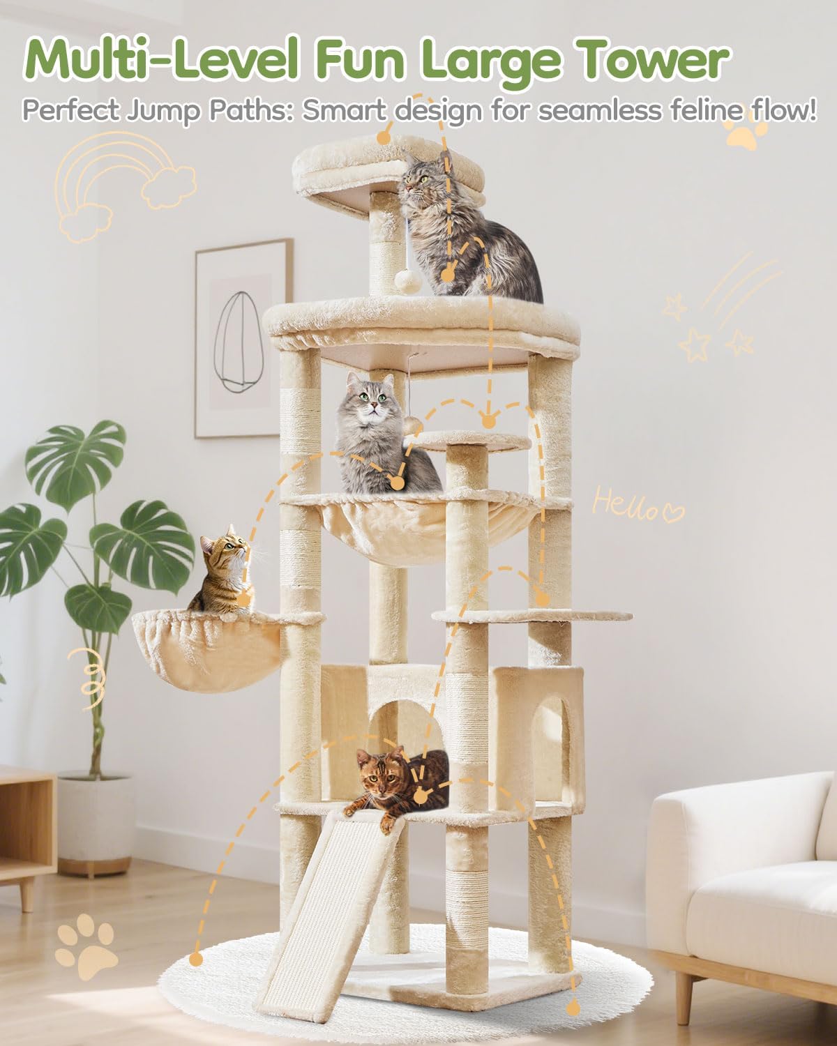 Taoqimiao 72 Inches Cat Tree for Large Cats, Multi-Level Tall Cat Tower, Widened Cat Condo with Large Scratch Board, 5 Scratching Posts, Metal Hammcock, Cozy Basket, Beige, MS045M - Image 8