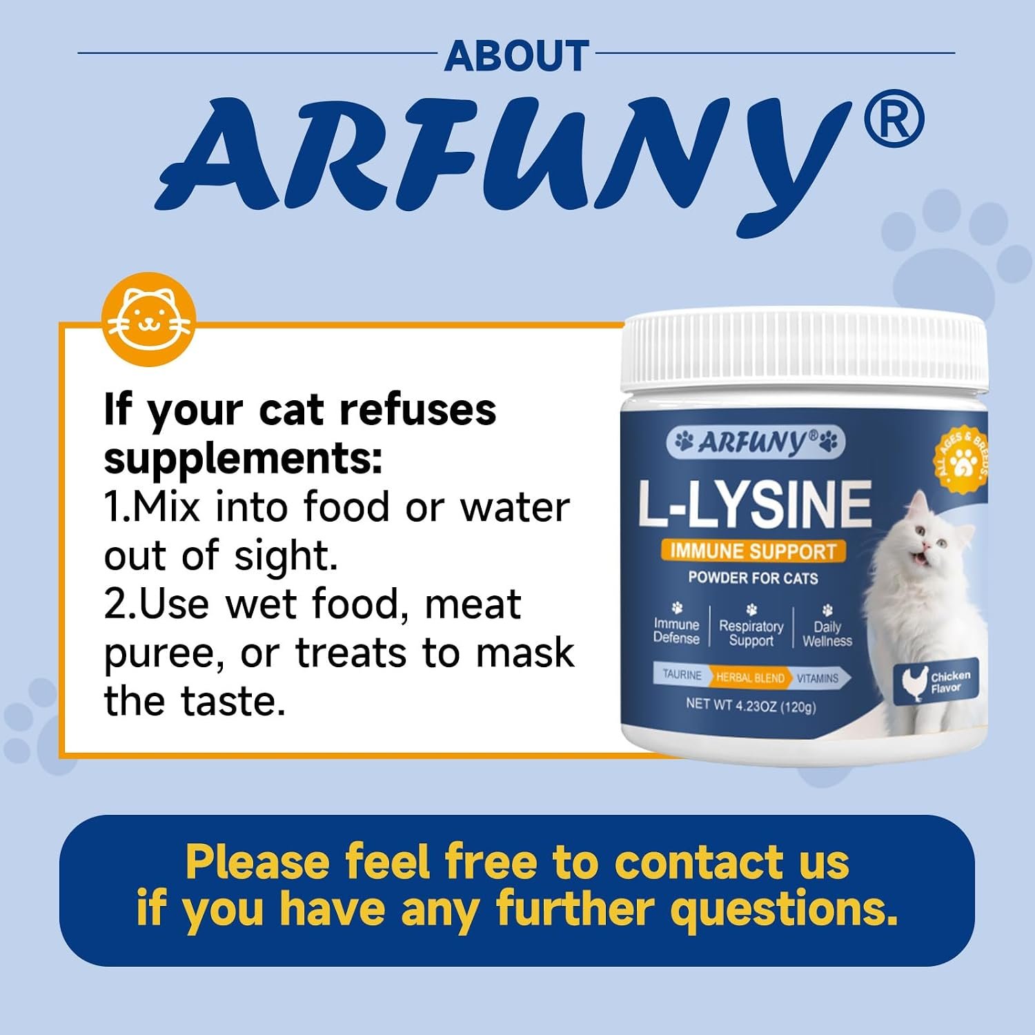 L-Lysine for Cats, Support Immune System, Respiratory, Eye Health | Ease Sneezing, Runny Nose, Watery Eyes Support, with Taurine, Herbal Blend, Vitamins, for All Cats, Chicken Flavor, 120g - Image 2