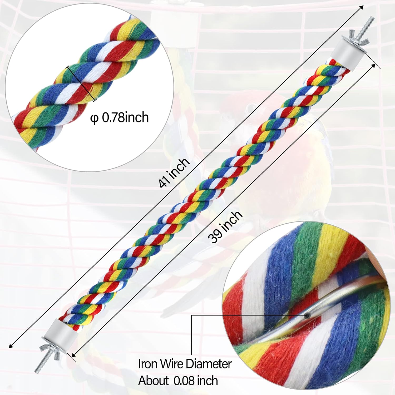 Bird Rope Perches for Parrots, Cockatiels, Parakeets, Budgie Cages Comfy Birds Colorful Rope Toy (41inch Metal nut) - Image 6
