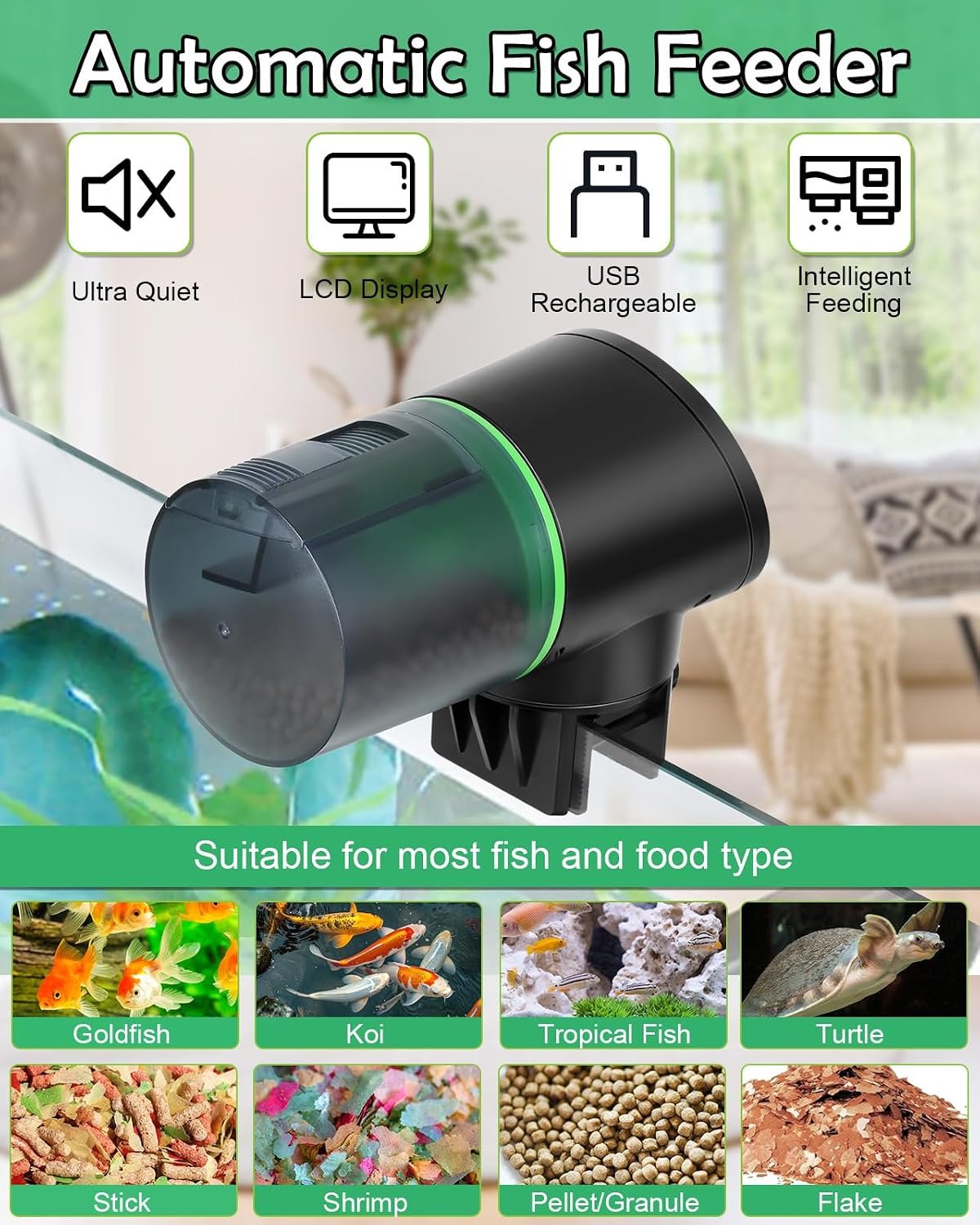 Automatic Fish Feeder for Aquariums - Rechargeable Auto Fish Food Dispenser Timer Feeder with USB Charger Cable,LCD Screen, Customized Schedule - Image 2