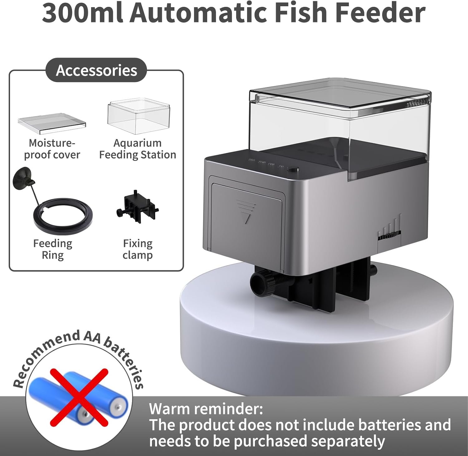 300ml Automatic Feeder for Aquarium Vacation Timer for Fish Tank Food Adjustable Auto Fish Feeder Dispenser for Pellets Strips 8/12/24/48H Timer Battery Operated(Not Included) - Image 2