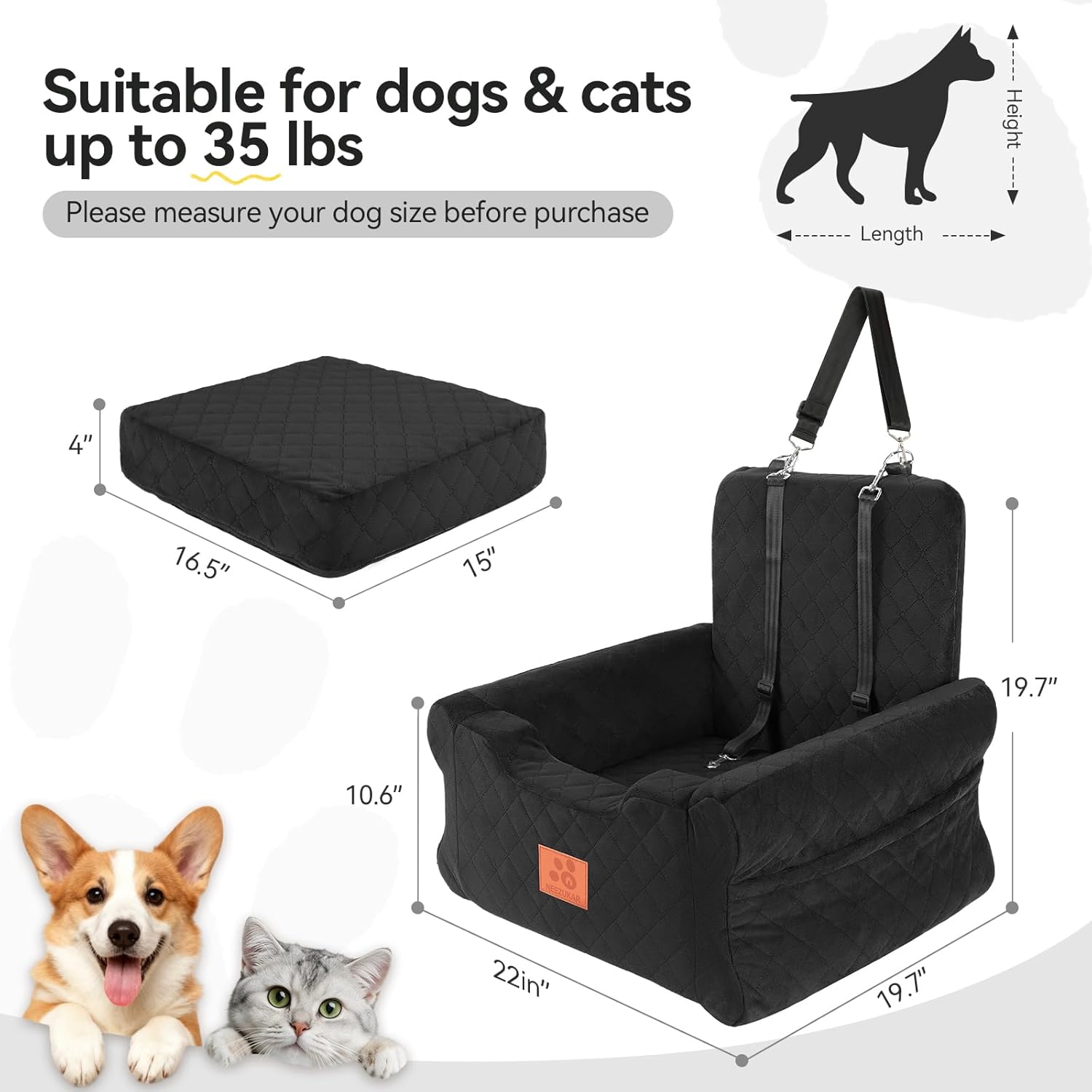 NEEZUKAR Dog Car Seats for Small/Medium Dogs, Elevated Memory Foam Dog Booster Seat, Detachable Washable Pet Car Seat with Safety Belts & Storage Pockets (Black) - Image 3