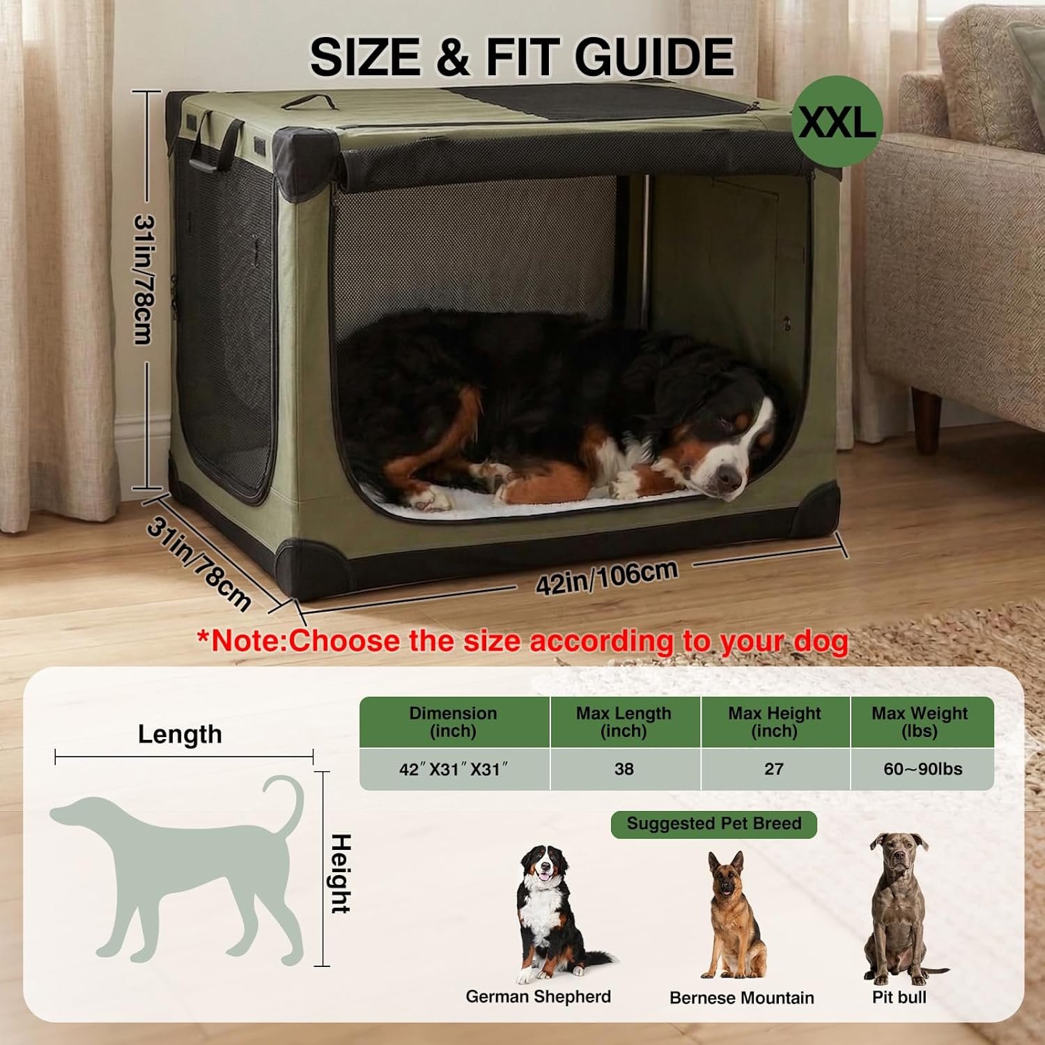 42 x 31 x 31 Inch Collapsible Soft Dog Crate for Dogs Up to 90 lbs, Portable Travel Pet Kennel with 4 Zip Doors, Foldable Indoor Outdoor Crate with Mat, Carry Bag, Green - Image 2