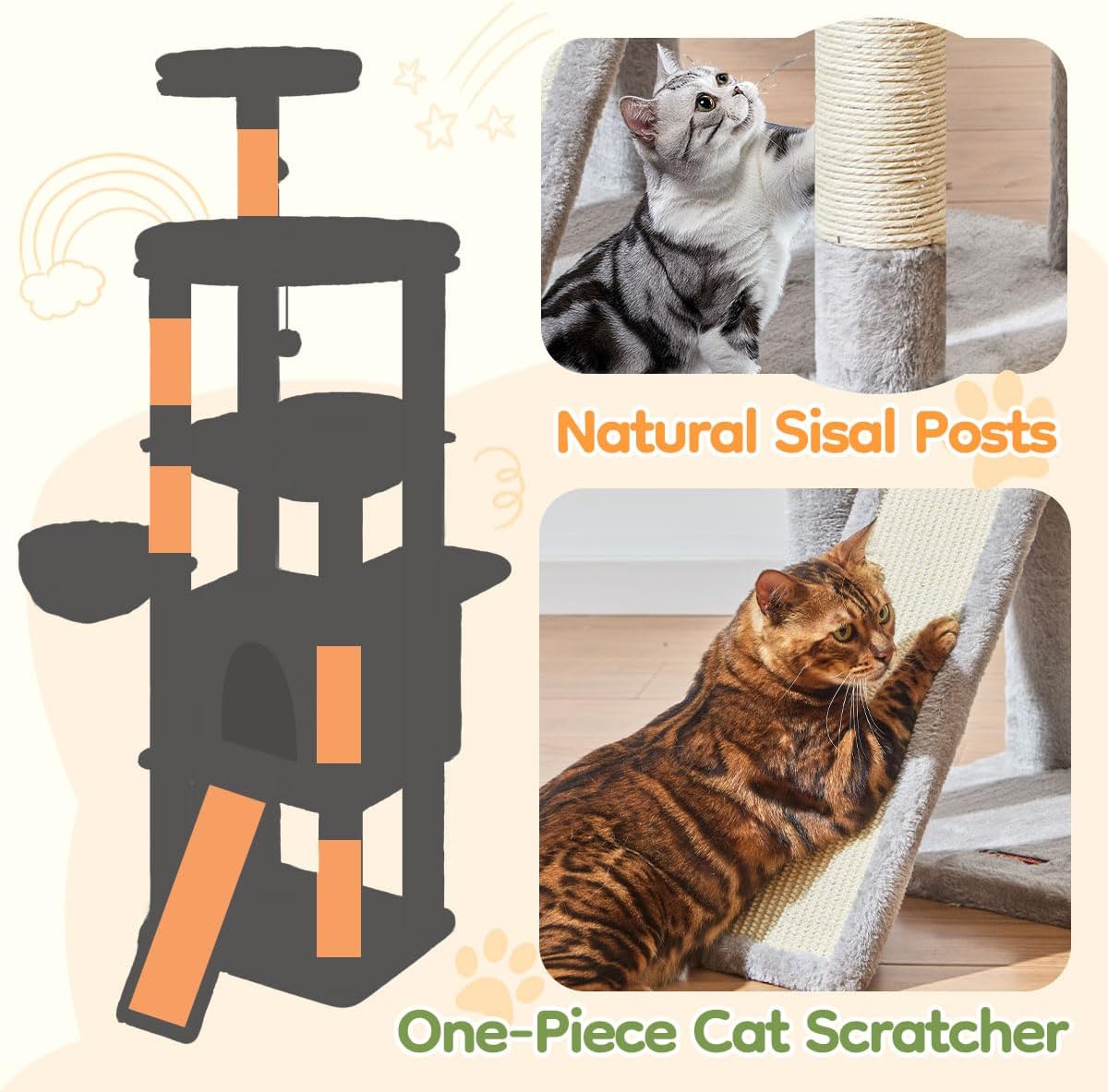 Taoqimiao 72 Inches Cat Tree for Large Cats, Multi-Level Tall Cat Tower, Widened Cat Condo with Large Scratch Board, 5 Scratching Posts, Metal Hammcock, Cozy Basket, Light Gray, MS045W - Image 6