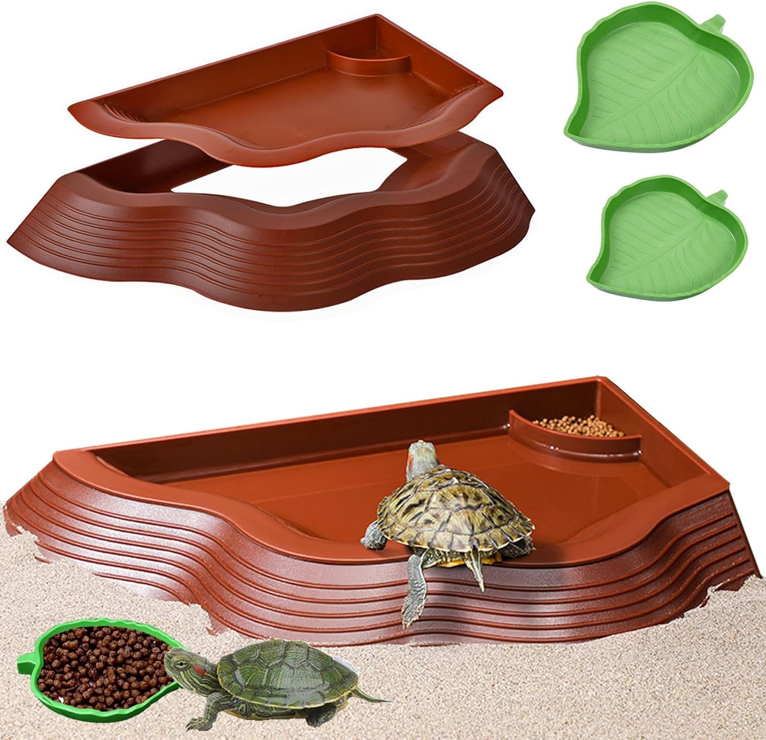 Tortoise Water Bowl with Ramp, 3PCS Leaf Reptile Food Water Bowl Turtle Pool Reptile Water Dish Tortoise Bathing Pool Turtle Soaking Dish Aquarium Habitat Accessories Small