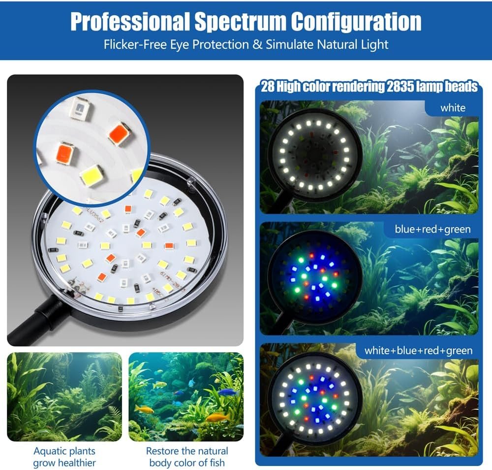 Clip On Aquarium Light 8W LED Fish Tank Light with Full Spectrum & Dimmable Brightness USB Moving Aquarium Lamp for 1-5 Gallon Betta Fish Tanks - Image 2