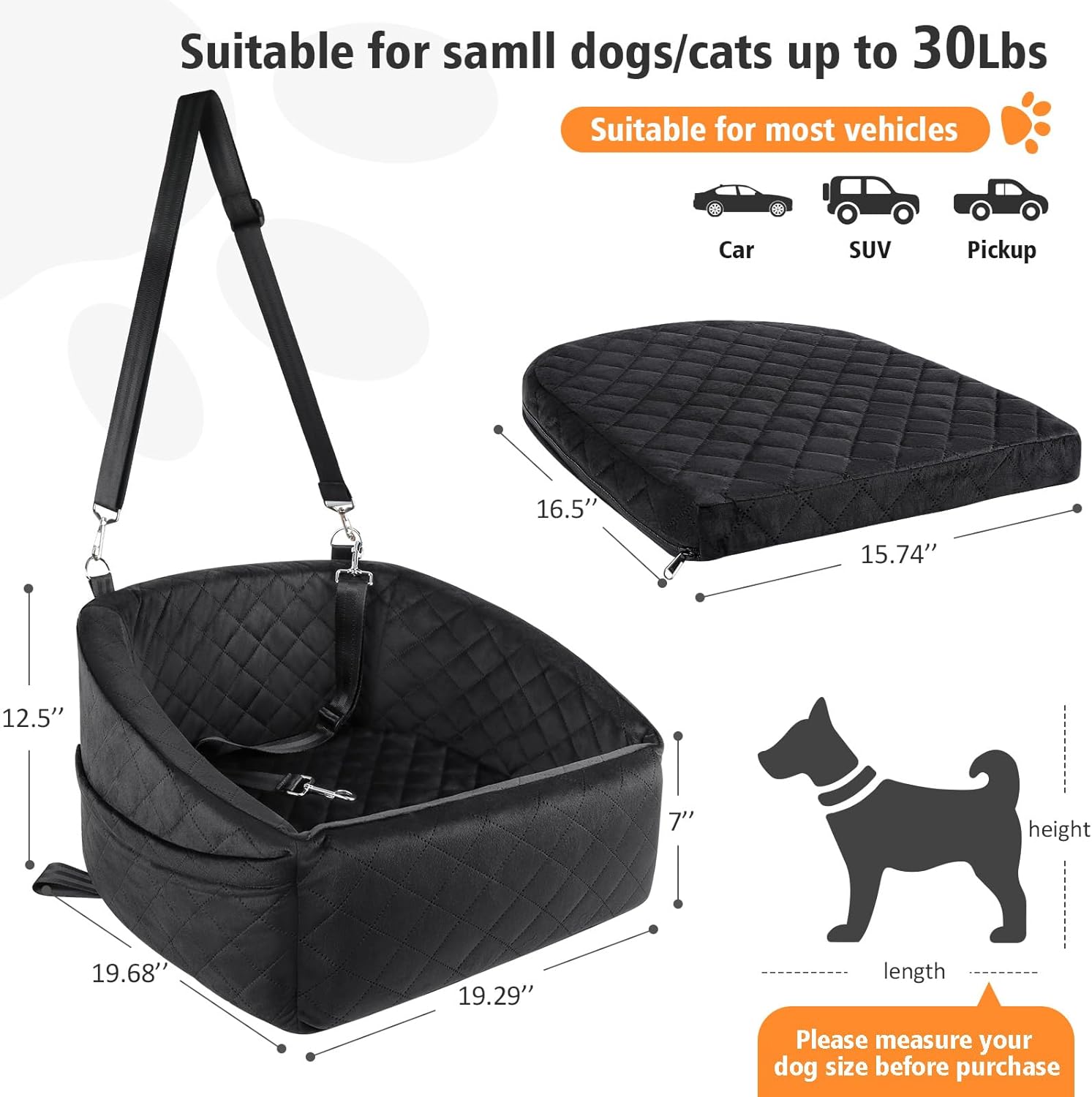 NEEZUKAR Dog Car Seat for Small Medium Dogs,Detachable Washable Dog Booster Seat Under 30lbs, Pet Car Seat Travel Bed with Storage Pockets and Dog Safety Belt (Black) - Image 2
