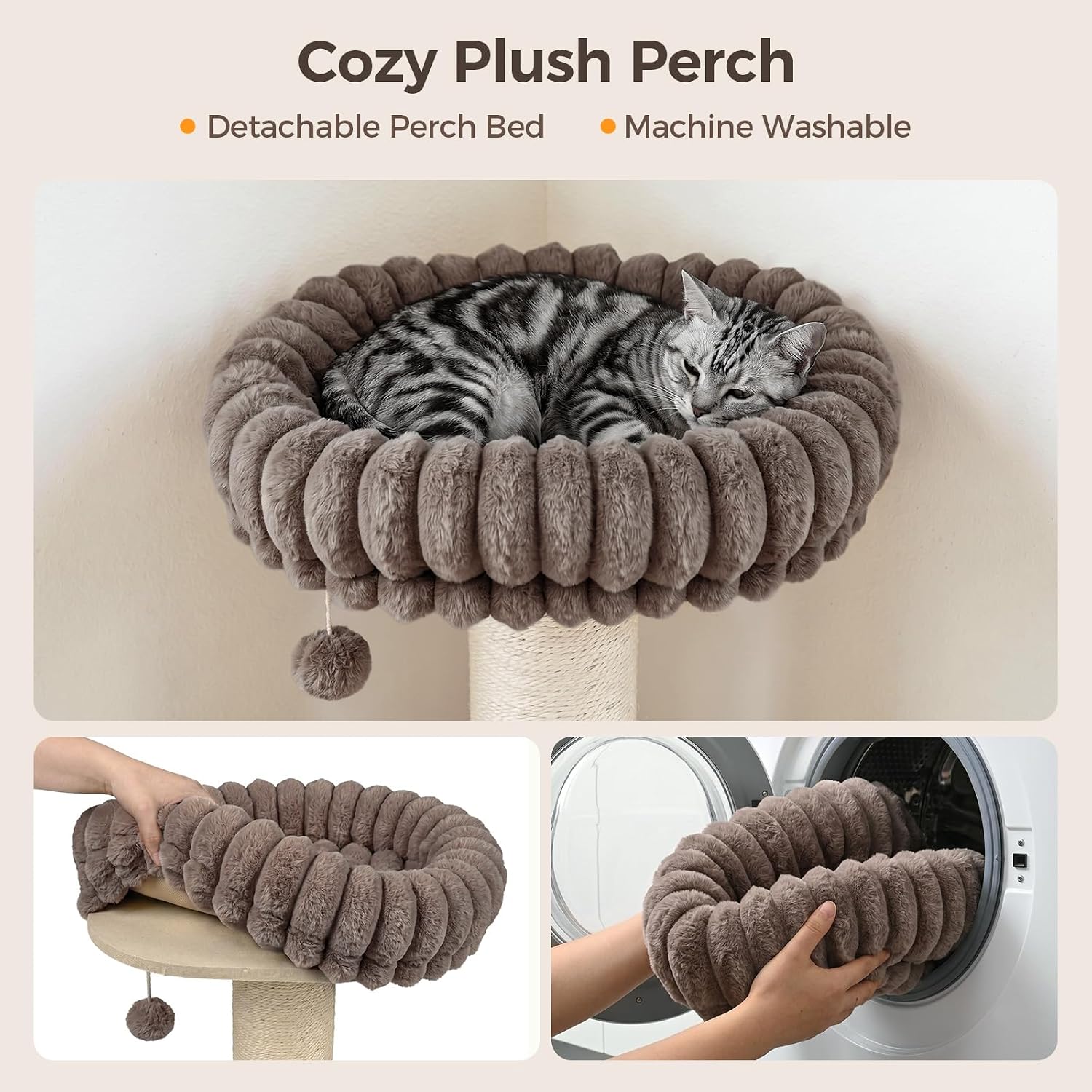 Avont 29” Sisal Cat Scratching Post, Cat Scratcher with Large Plush Perch | Scratching Post with Plush Elevated Bed for Indoor Cats, Removable& Washable Cover, Taupe - Image 6