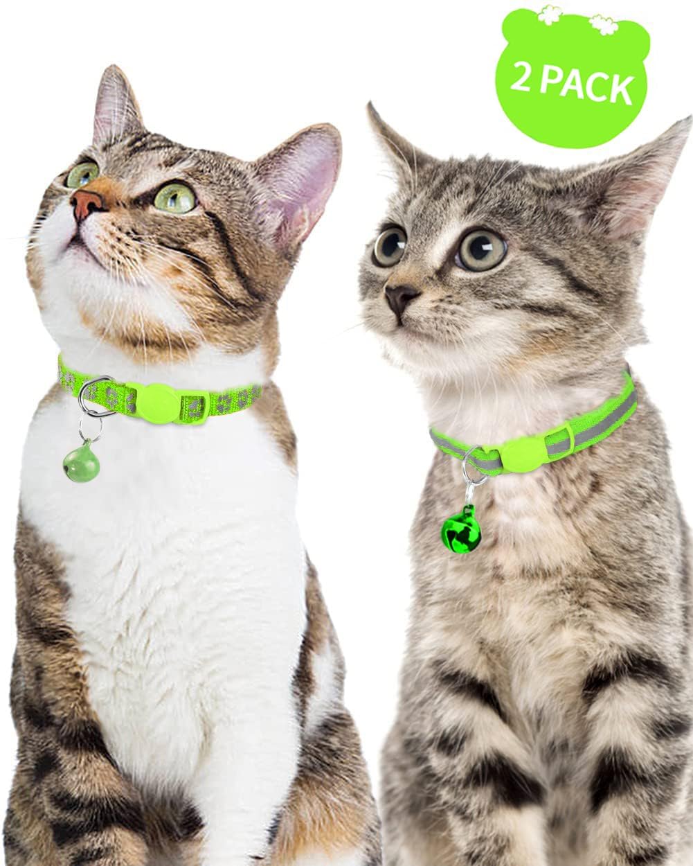 Taglory 2 Pack Reflective Breakaway Cat Collar with Bell, Green | Adjustable 7.5-12.5 in, Lightweight Nylon, Safety Quick-Release Buckle, Boy Girl Kittens, Night Visibility - Image 2