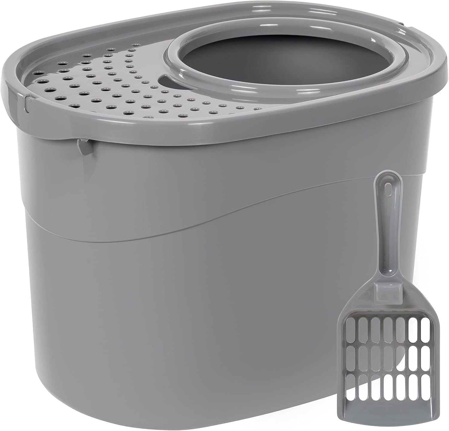 Amazon Basics Large Cat Litter Box with High Sides, Top Entry, Odor Control, Includes Scoop, 20.5 x 14.75 x 14.38 inches, Grey