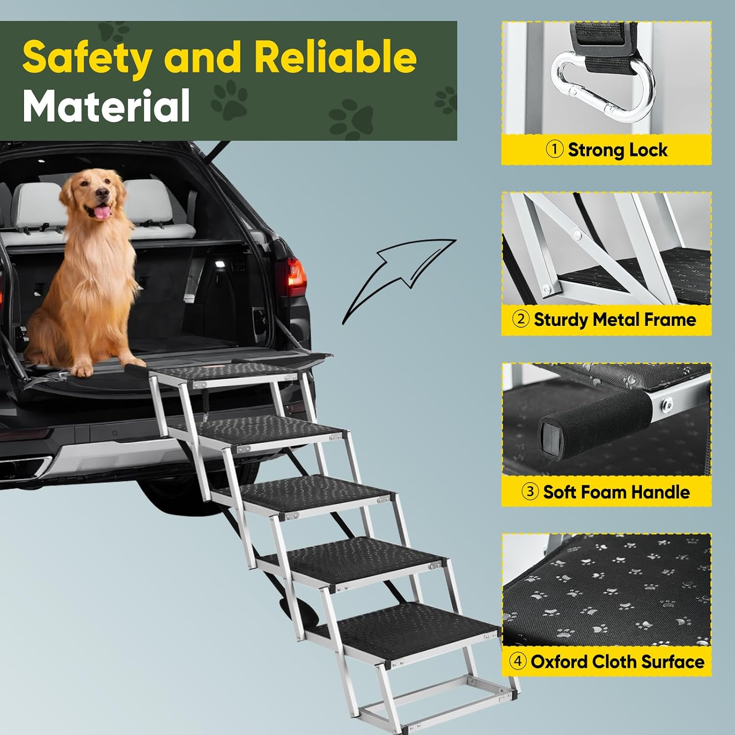 Sakerplus Dog Stairs for Car, 17.7inch Wide Foldable Dog Ramps with Non Slip Surface, Portable Pet Steps for SUV, High Beds, Truck, Support Up to 200lb, 5 Steps - Image 7