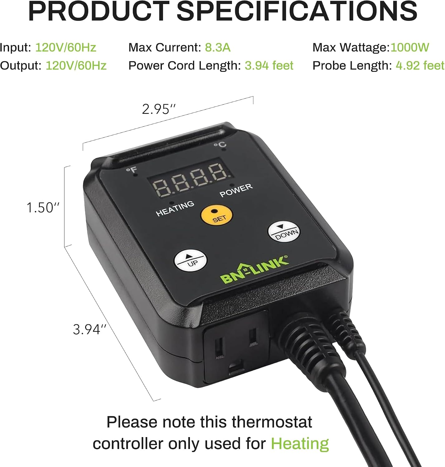 BN-LINK Reptile Thermostat Temperature Controller, Digital Heat Mat Thermostat for Seed Starting, Plant Germination, Greenhouse, Incubator, Brooder, Brewing, Reptiles Tank,40-108°F, 1000W, ETL Listed - Image 6