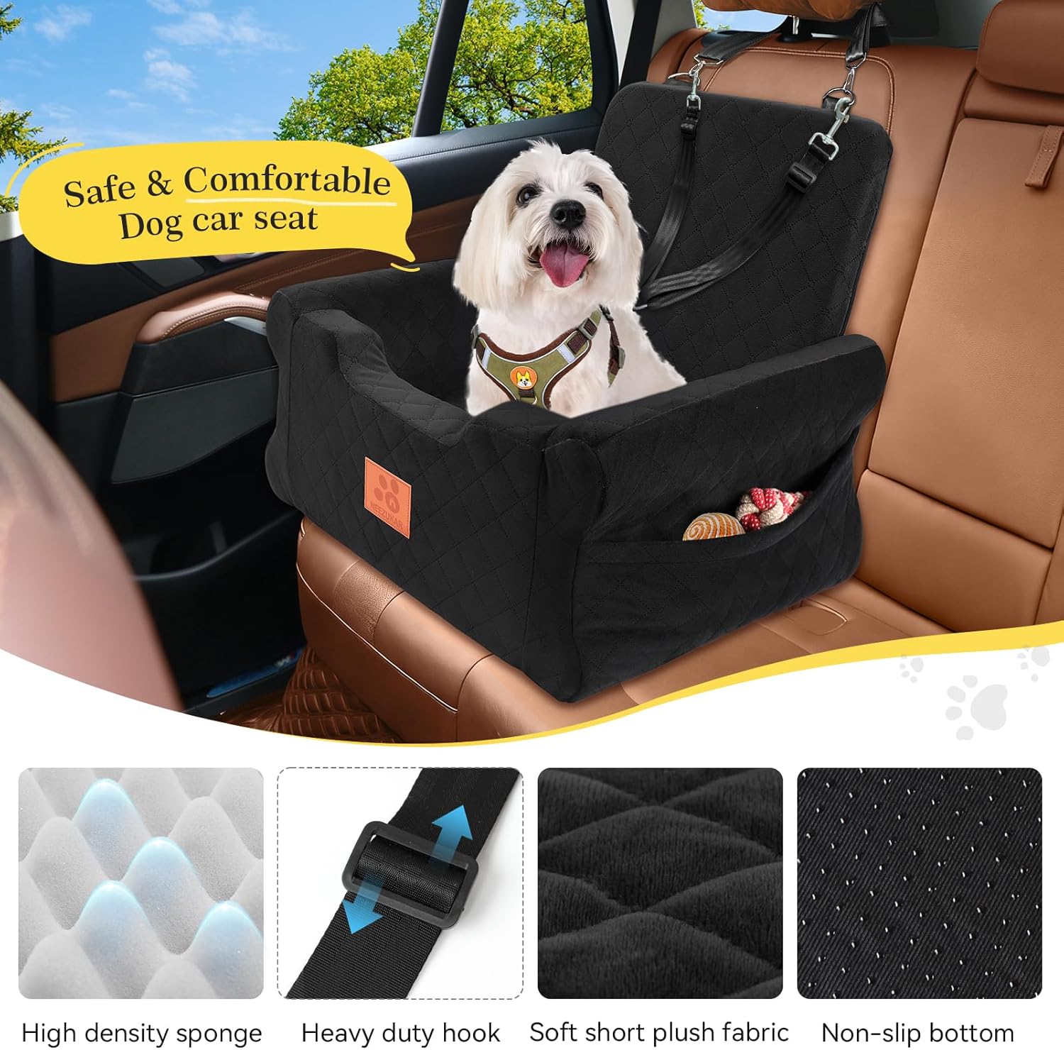 NEEZUKAR Dog Car Seats for Small/Medium Dogs, Elevated Memory Foam Dog Booster Seat, Detachable Washable Pet Car Seat with Safety Belts & Storage Pockets (Black) - Image 4
