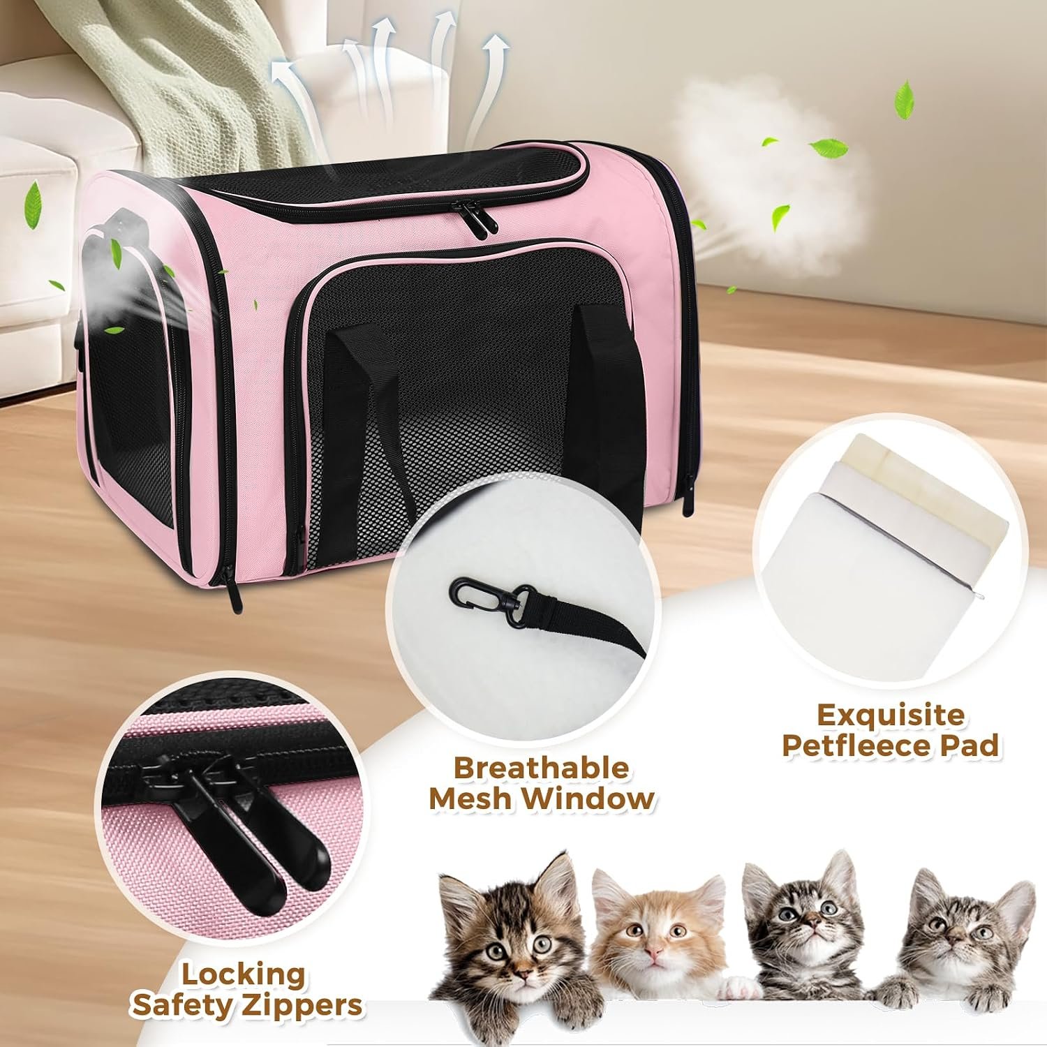 Cat Carrier Soft Up to 16 Lbs, Breathable Pet Travel Bag with Steel Frame | Lockable Zippers, Fits Small Dog, Kitten, Puppy,Rabbit,Medium Travel Carrying Case for Kennel Car Airline Transport,Pink - Image 3