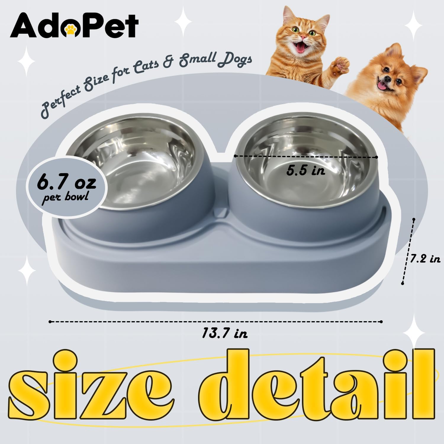 Non-Slip Tilted Double Dog & Cat Bowl with Removable Inserts, Anti-Tip Dual Food and Water Feeder for Small Dogs and Cats, Easy to Clean (Grey) - Image 2