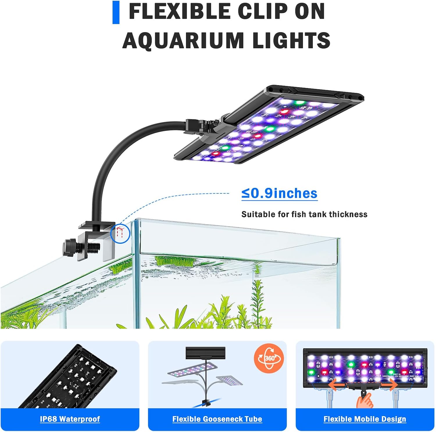AQQA LED Aquarium Light, 24/7 Mode Clip on Fish Tank Light with Memory Function, DIY Mode Full Spectrum Aquarium Plant Light, Adjustable Timer/Brightness, IP68 Waterproof for 16-24 Inch Fish Tank 18W - Image 3
