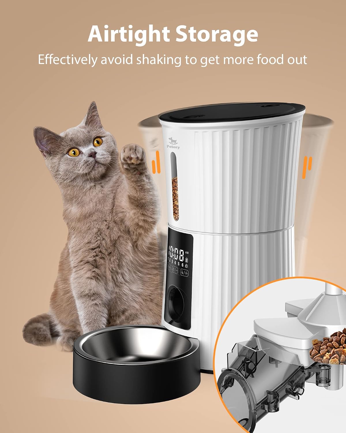 Petory Automatic Cat Feeder, 4L Dry Food Dispenser for Cats and Small Dogs | Programmable Portion Control, Up to 6 Meals Daily, Dual Power Supply, 10-Second Voice Recorder, Slow Feeding - Image 3