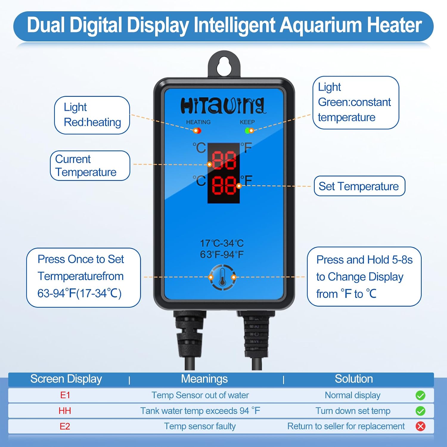 HiTauing Aquarium Heater, Upgraded 300W/500W Fish Tank Heater with Intelligent Leaving Water Automatically Stop Heating and Advanced Temperature Control System, Suitable for Saltwater and Freshwater - Image 2