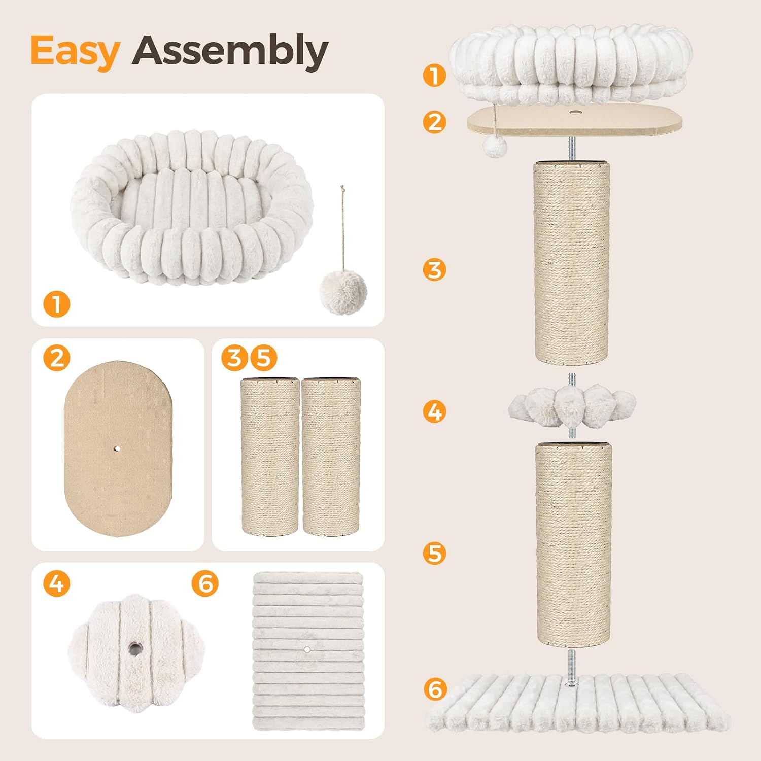 Avont 29" Sisal Cat Scratching Post with Large Plush Perch, Cream | Large Cat Scratcher Tower & Plush Elevated Cat Bed with Removable & Washable Cover, Sturdy Cat Perch for Indoor Cats - Image 8