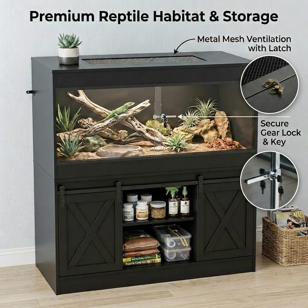 Cushore Double 4x2x2 Reptile Enclosure with Stand, Albizia Solid Wood-Core 120 Gallon Reptile Terrarium, Bearded Dragon Tank Stand with Sliding Door and 2 Cabinets for Lizard, Crested Gecko, Black - Image 5