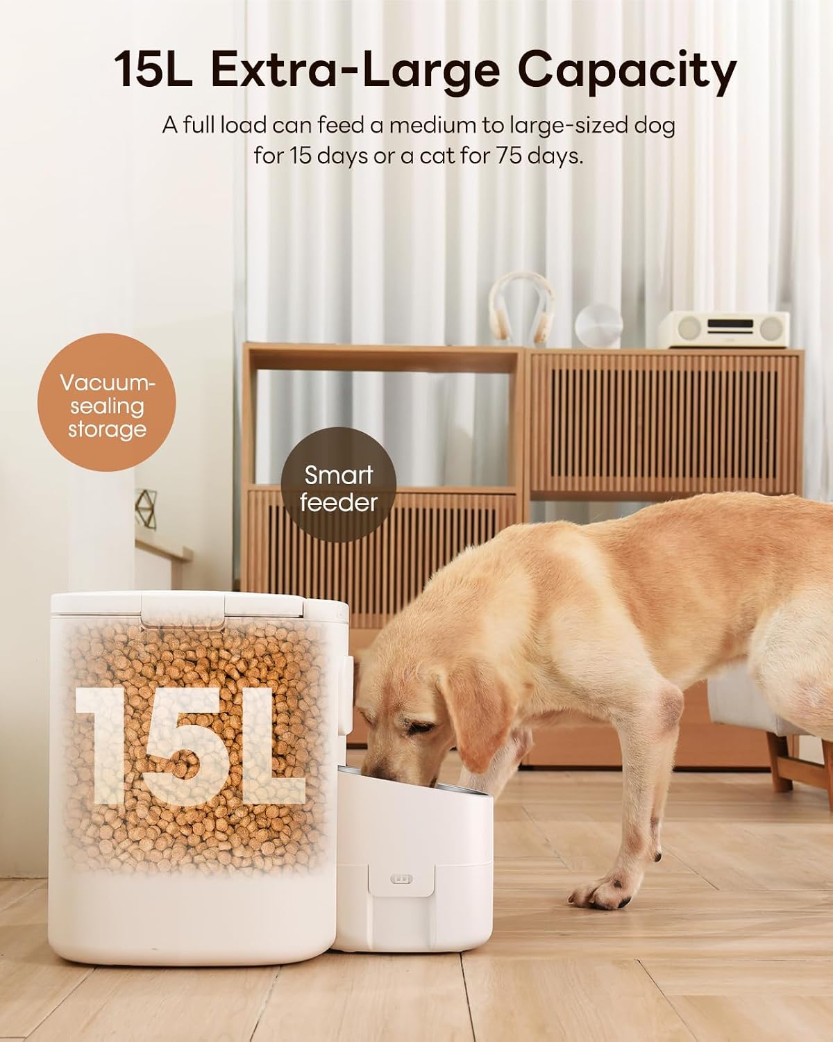 Dokoo Automatic Dog Feeder for Large Breeds, 15L/63 Cups Vacuum-Sealed | Airtight Auto Pet Feeder for Dry Food, Timed Feeding, Anti-Clog Dispenser 2-22mm Kibble, Voice Recorder, Stainless Steel Bowl - Image 2