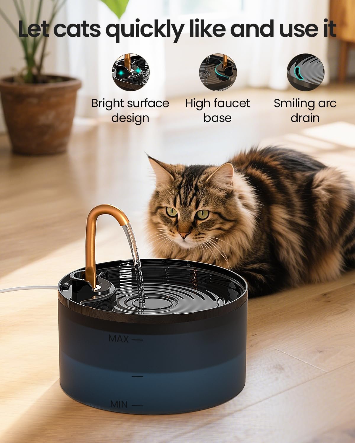 Cat Water Fountain, 71oz/2.1L Cat Fountain for Drinking with Copper Faucet, MISFANS-Designed Pump & Filter, Plastic Automatic Pet Water Fountain Bowl & Dispenser with 3-Pack Replaceable Filters - Image 3