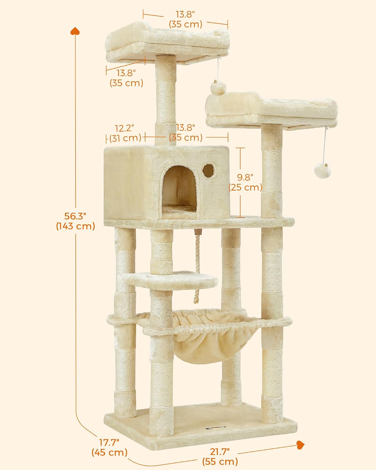 Feandrea Cat Tree, 55.8-Inch Cat Tower, Multi-Level Plush Condo with 11 Scratching Posts, 2 Perches, Hammock, Cave, Beige UPCT15BE - Image 7