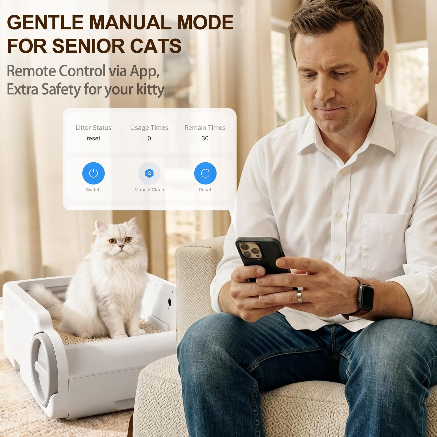 Open Top Automatic Litter Box Self Cleaning Cat Litter Box for Multiple Cats Electric Litter Box with Smart APP Control, White - Image 6