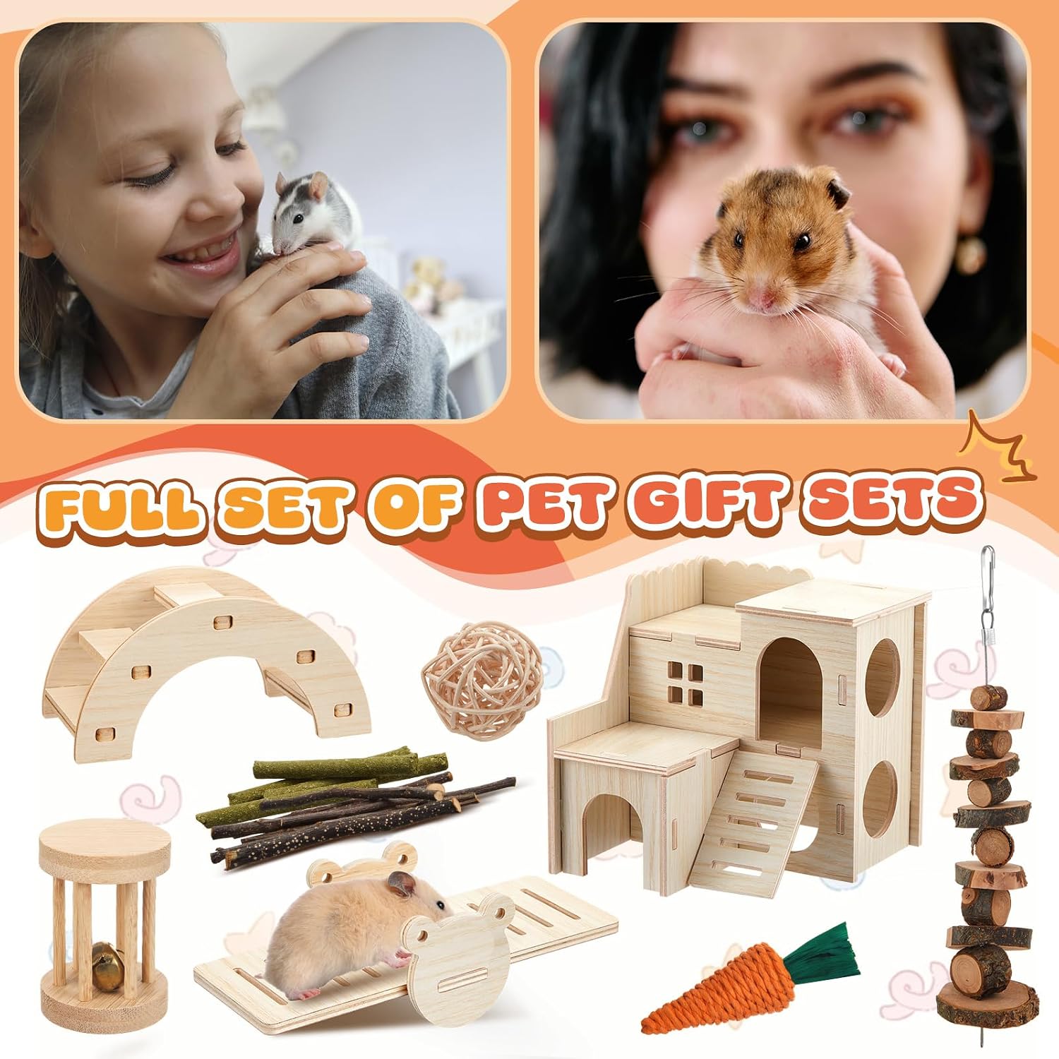 8 Pcs Hamster Cage Accessories Hamster Starter Kit with Maze Wood House, Bridge, Seesaw, Chew Toys Set for Gerbils and Mice Small Animals Habitat Supplies(Classic Villa) - Image 5
