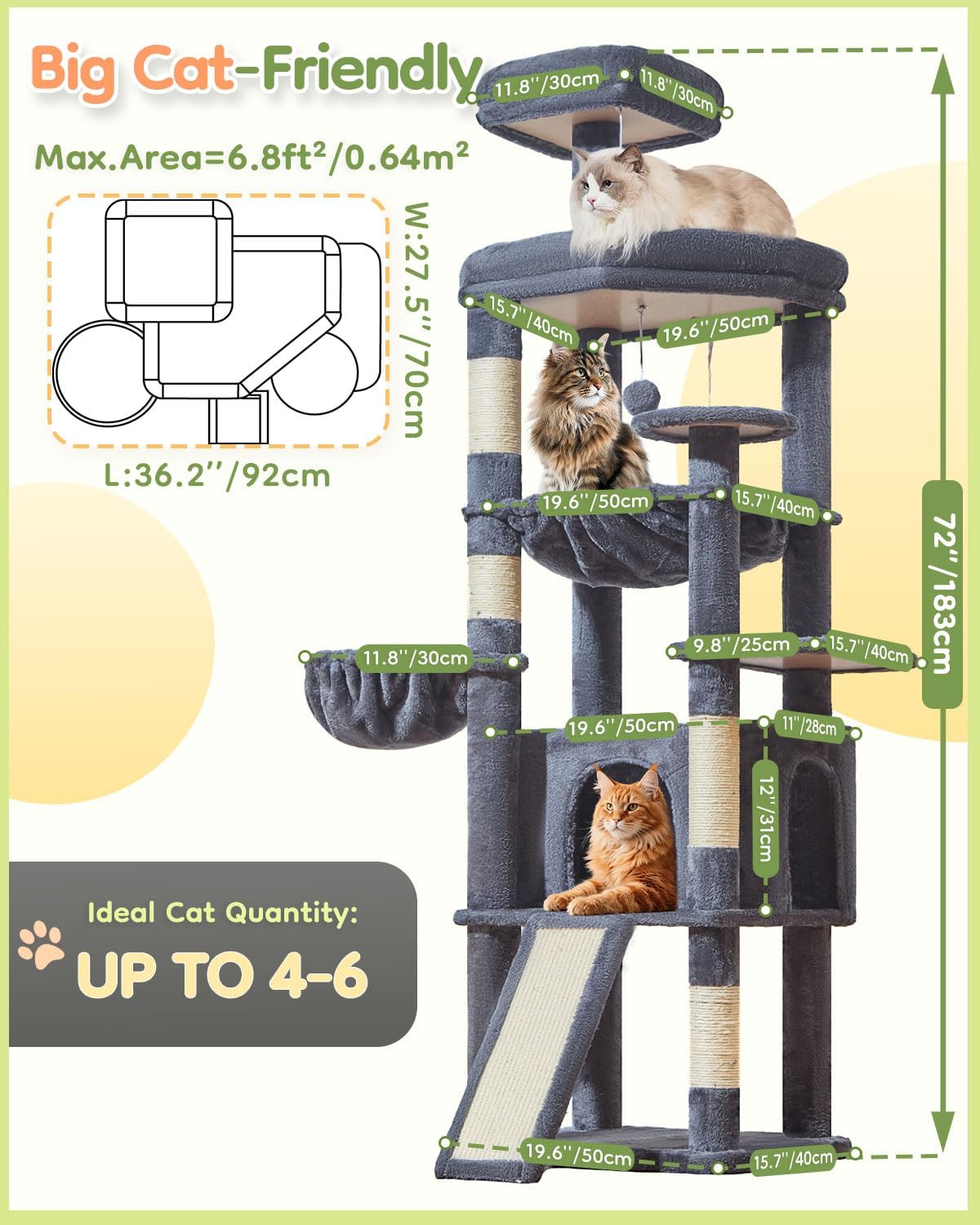 Taoqimiao 72 Inches Cat Tree for Large Cats, Multi-Level Tall Cat Tower, Widened Cat Condo with Large Scratch Board, 5 Scratching Posts, Metal Hammcock, Cozy Basket, Smoky Gray, MS045G - Image 7