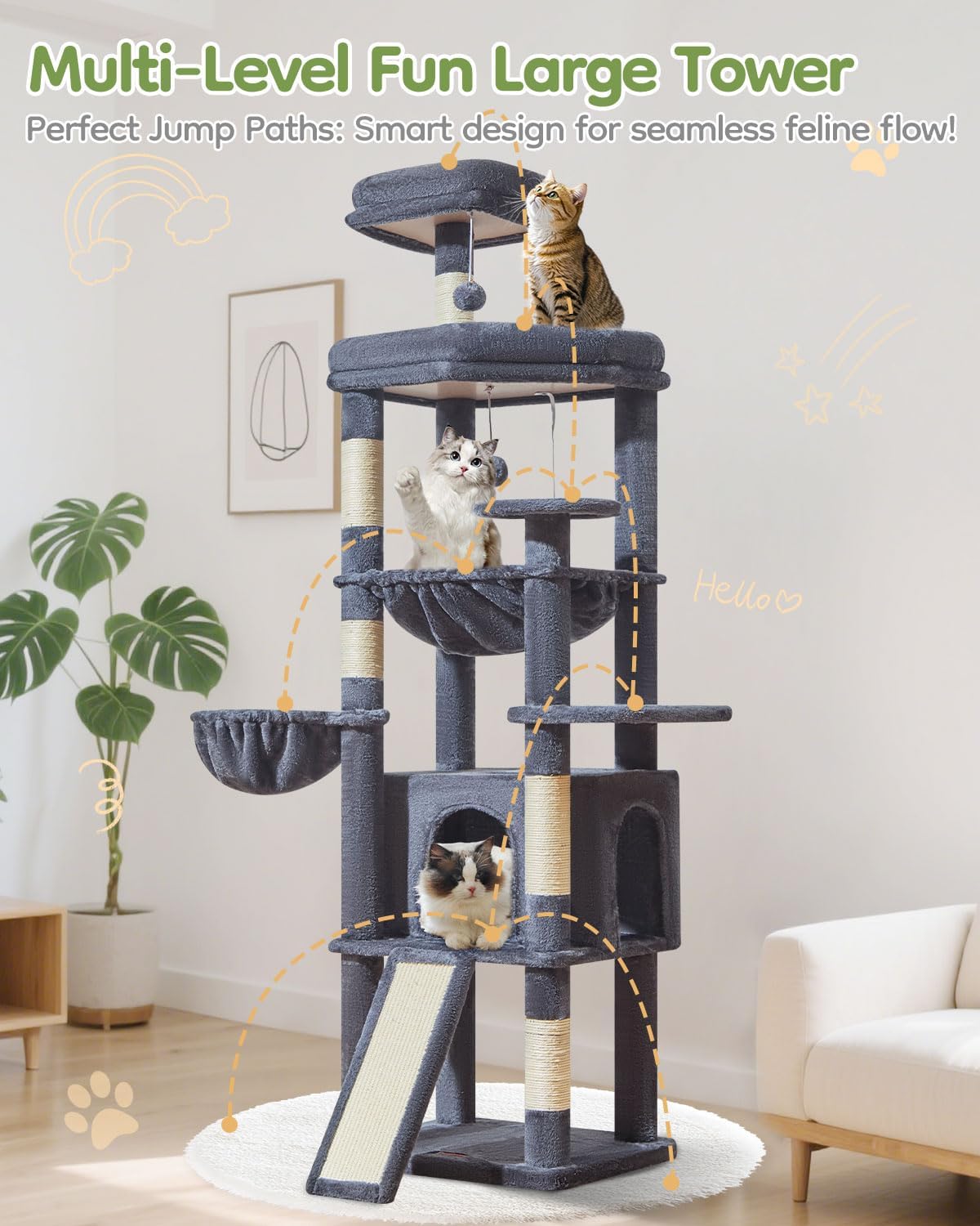 Taoqimiao 72 Inches Cat Tree for Large Cats, Multi-Level Tall Cat Tower, Widened Cat Condo with Large Scratch Board, 5 Scratching Posts, Metal Hammcock, Cozy Basket, Smoky Gray, MS045G - Image 9