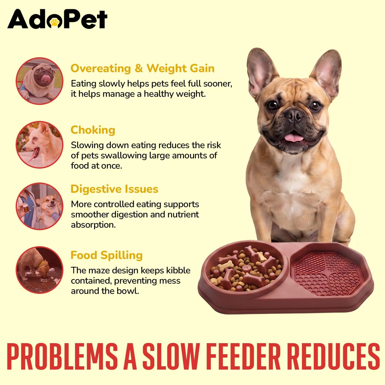 Slow Feeder Dog Bowl with Silicone Lick Mat, Non-Slip Dual Feeding Station for Dogs, Slow Eating Bowl to Help Reduce Fast Eating, Removable Lick Pad (Red) - Image 5